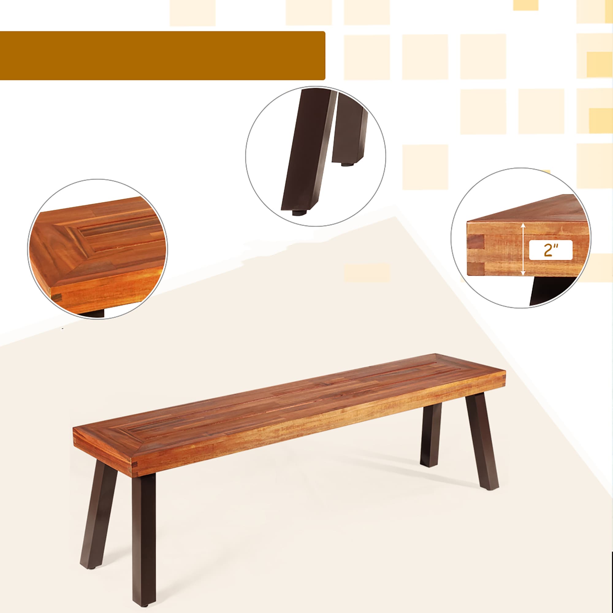 Rustic Acacia Wood and Black Steel 59" Outdoor Bench