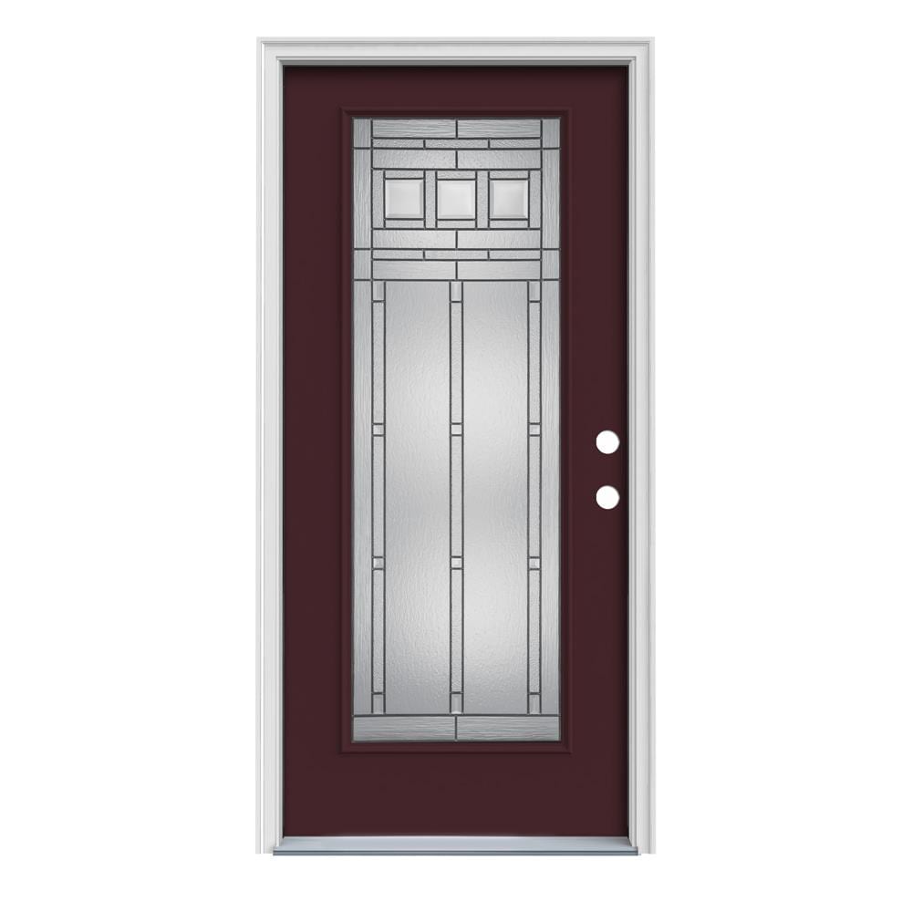JELD-WEN LOWOLJW166500703 Craftsman 36-in x 80-in x 4-9/16-in Steel Full lite Left-hand inswing Currant Painted Prehung Front Door with Brickmould Insulating core