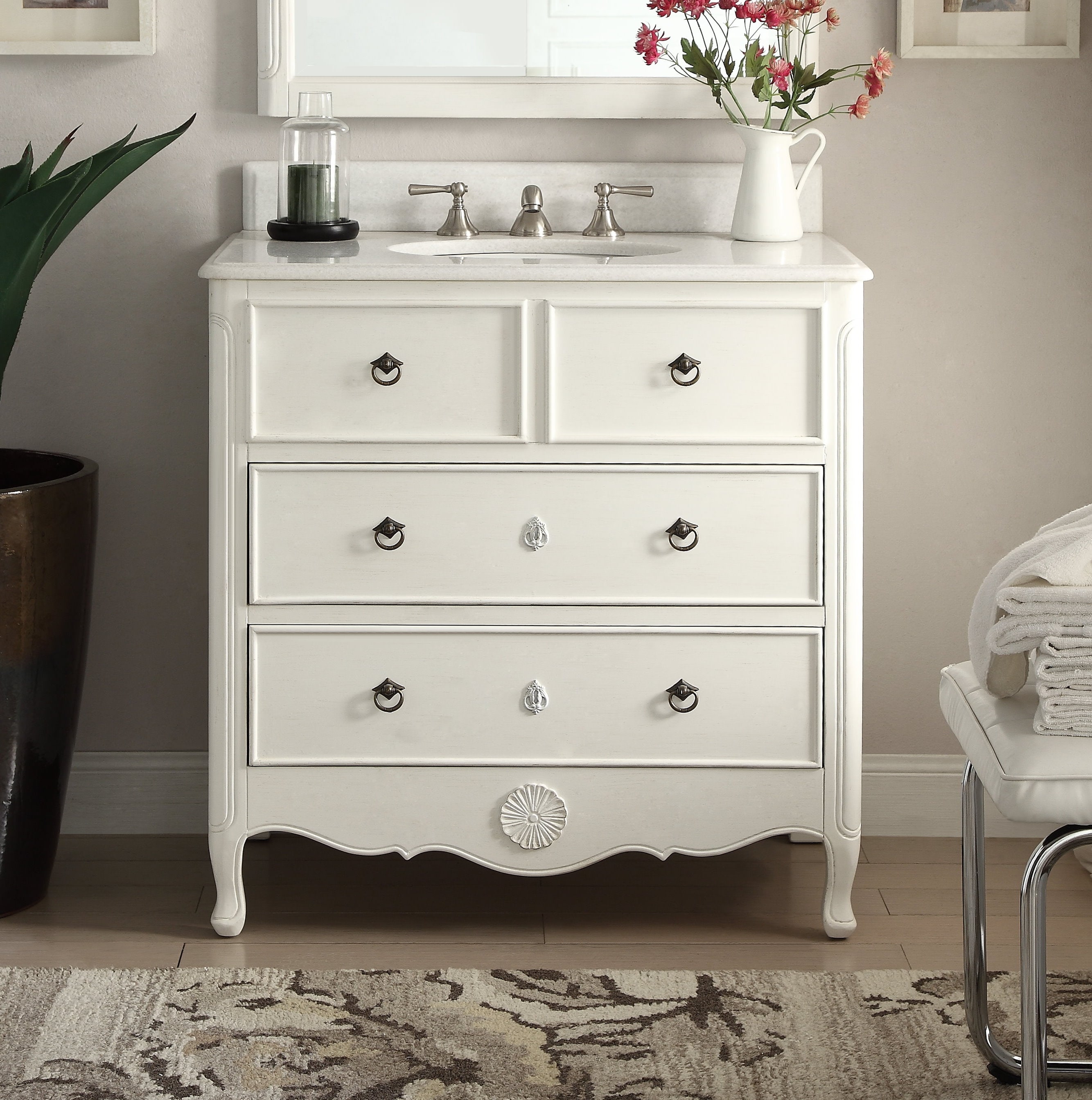Chans Furniture - 34 Inch Distressed Antique White Daleville Cottage Style Bathroom Sink Vanity