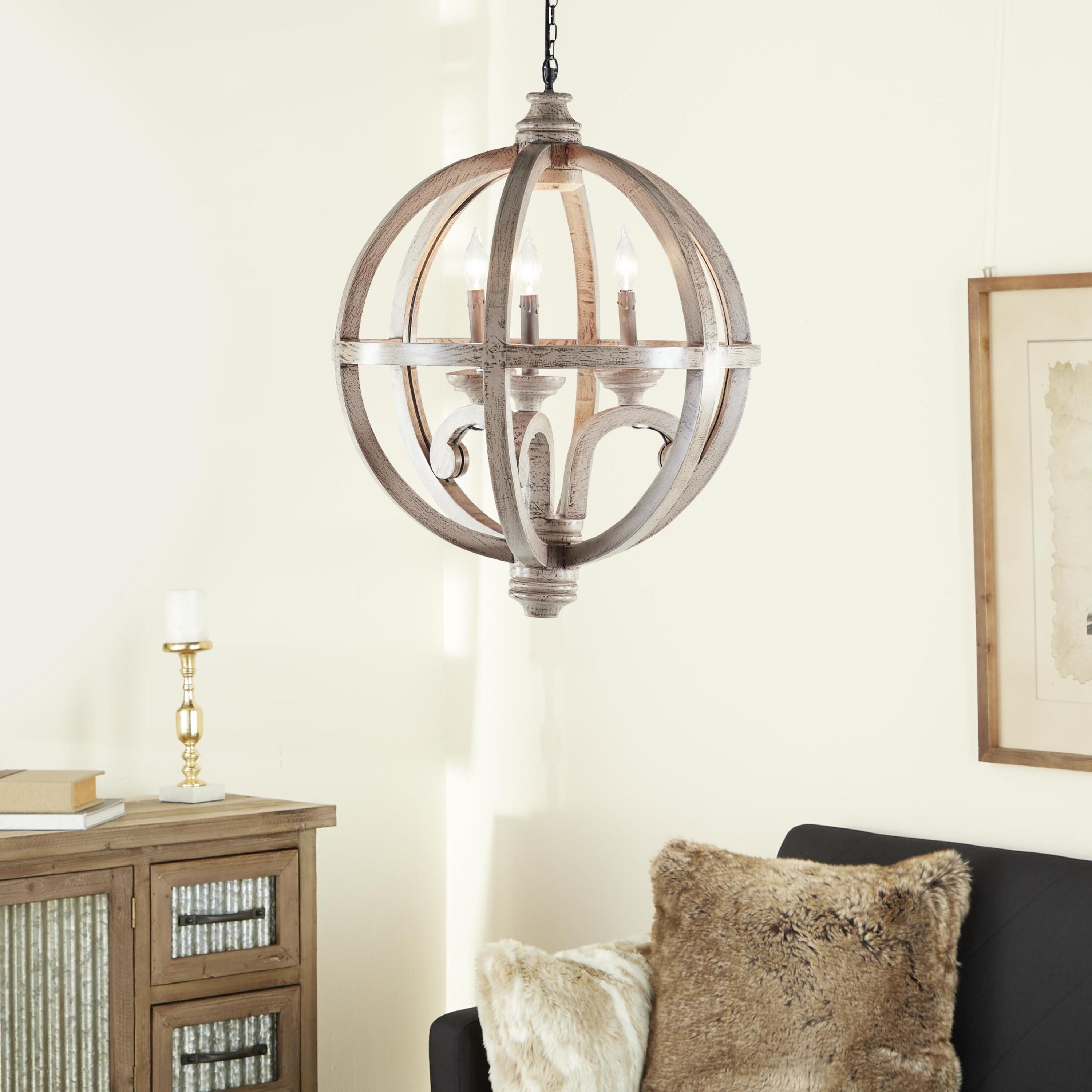 Grayson Lane 42618 3 -Light Distressed Gold Rustic Cage Wood For Use in Bedrooms, Dining Rooms, Foyers, Kitchens, Living Rooms Chandelier