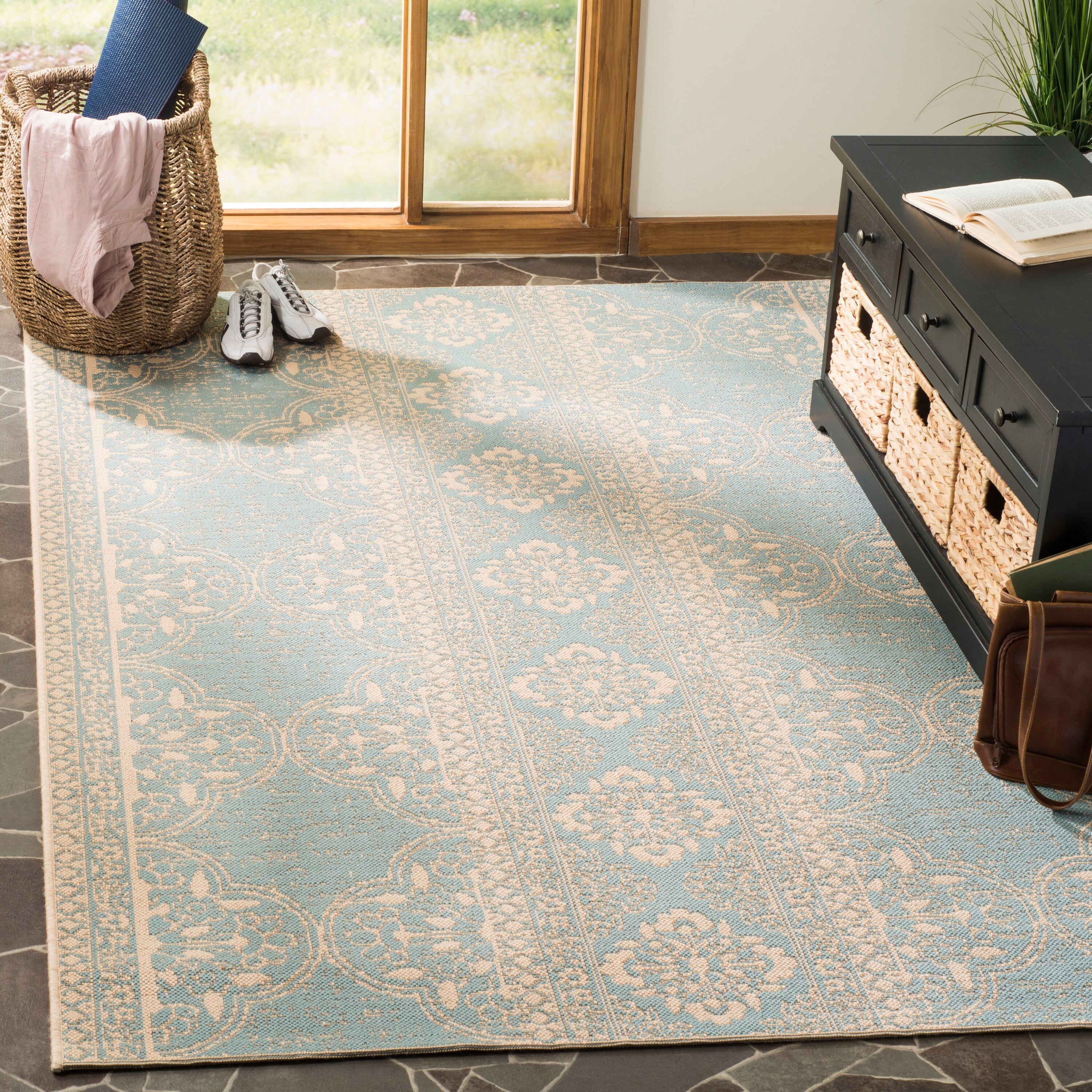Safavieh LND174L-4 Linden Mahaut 4 x 6 (ft) Loomed Polypropylene Cream/Aqua Rectangular Indoor Floral/Botanical Farmhouse/Cottage Area rug