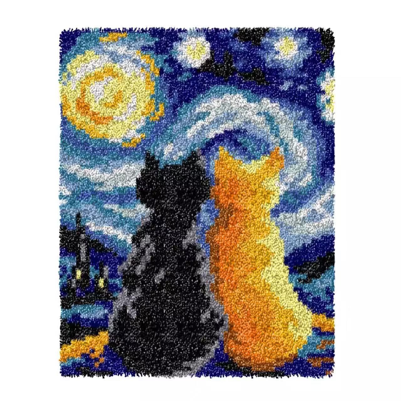 LILILIAN FMY  Latch Hook Kit Rug Crochet Yarn Kit Cushion with Starry Night Cat Color Pre Printed Canvas Needlework DIY Hook and Latch Kit
