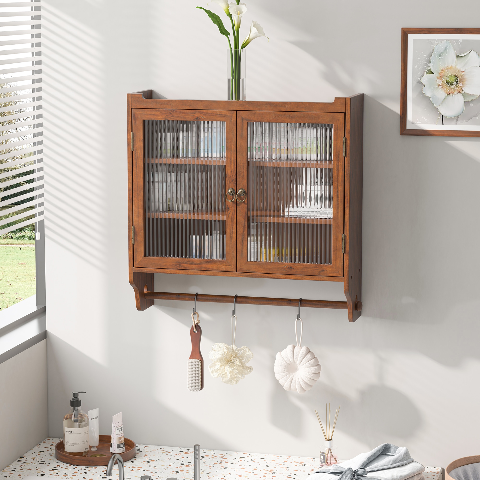GZMR 24.8''Glass Door Vintage Double Door Wall Cabinet Contemporary/Modern Natural Wood Kitchen Hutch