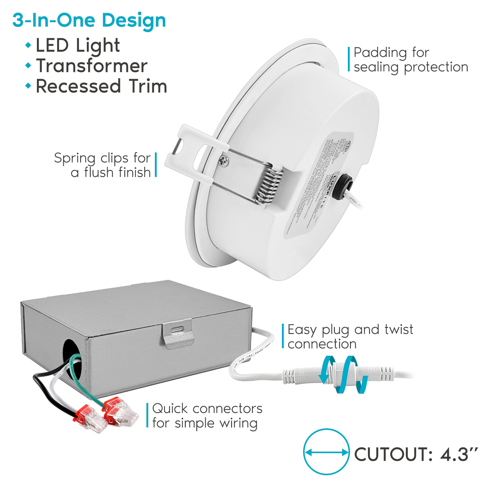 White 4'' Dimmable LED Canless Recessed Lighting Kit with Adjustable Color Temperature