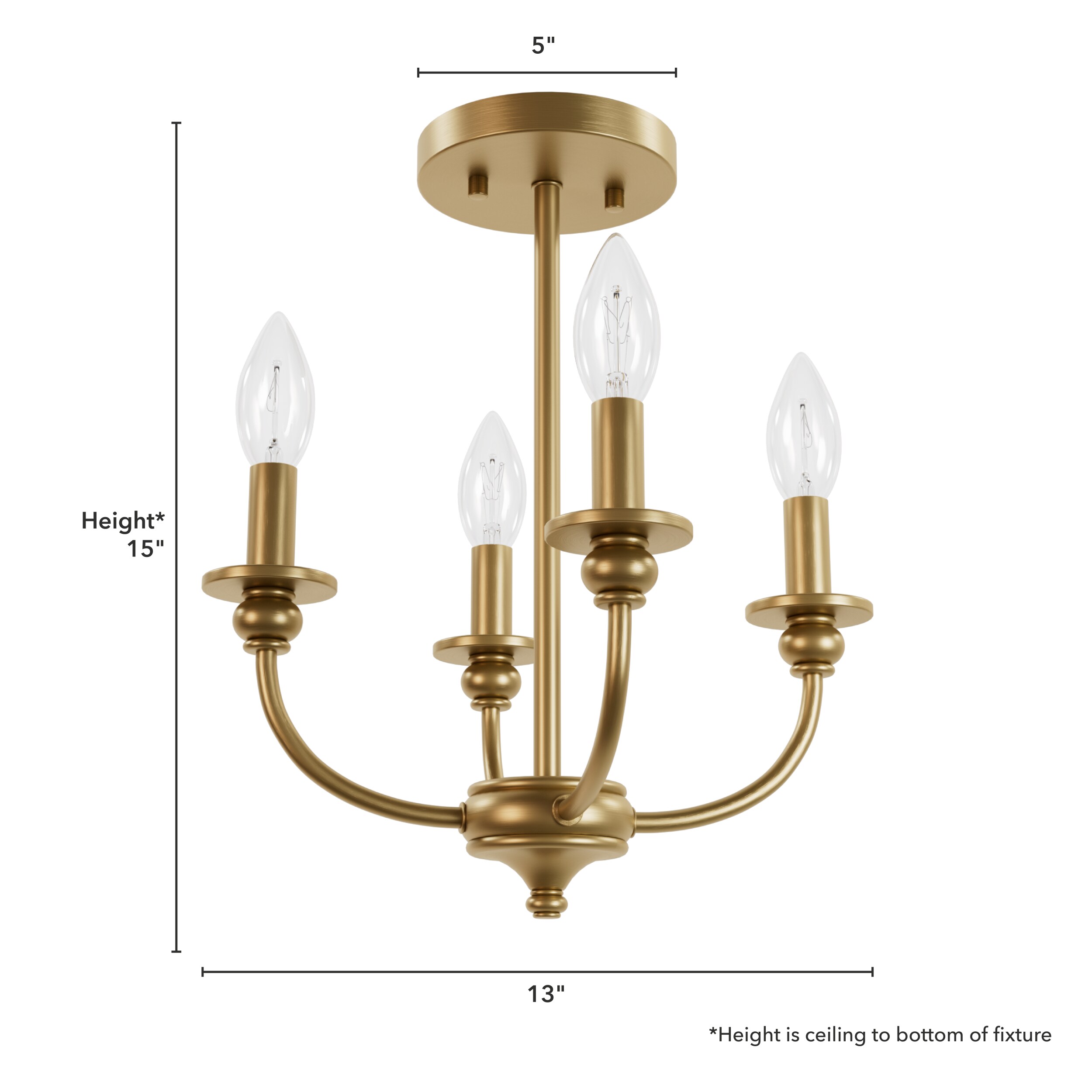 Hunter - Southcrest 4-light Luxe Gold, Medium Size Flush Mount Light, Dimmable, Traditional Style, Candle Shaped, for Bedrooms, Kitchens, Dining, Living Rooms - 48068