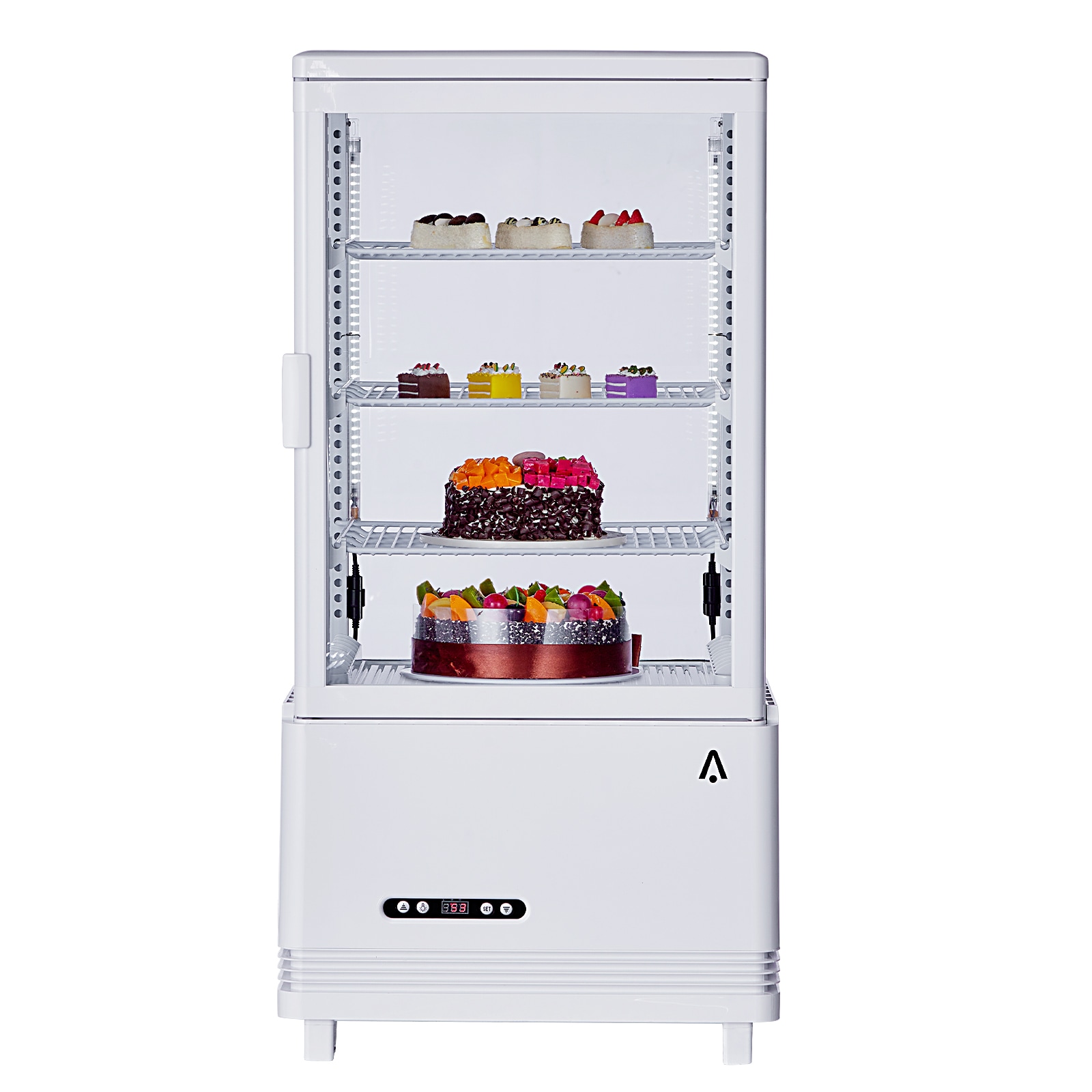 IdealHouse 2.4 Cu.Ft Commercial Countertop Pastry and Cake Display Refrigerator Double Layered Glass Door LED Lighting Adjustable Shelves High Speed Frost Free Cooling Automatic Defrost Ideal for Bakeries Cafes White Sansujyuku sansujyuku.com