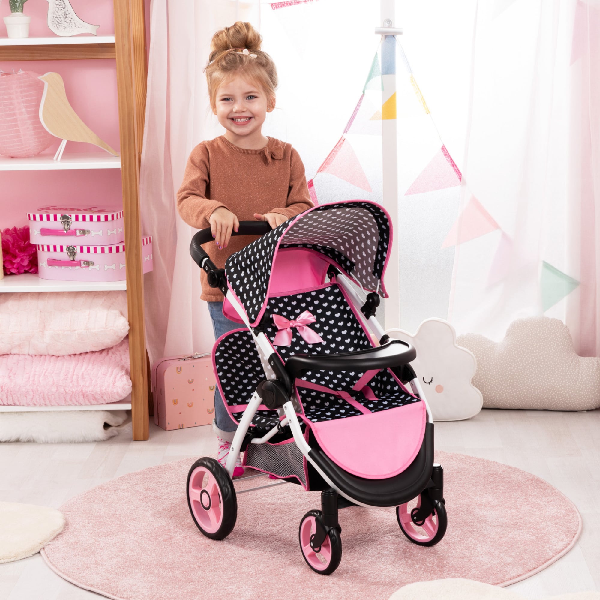 Bayer Design Twin Dolls Stroller Heart Pattern Black Pink