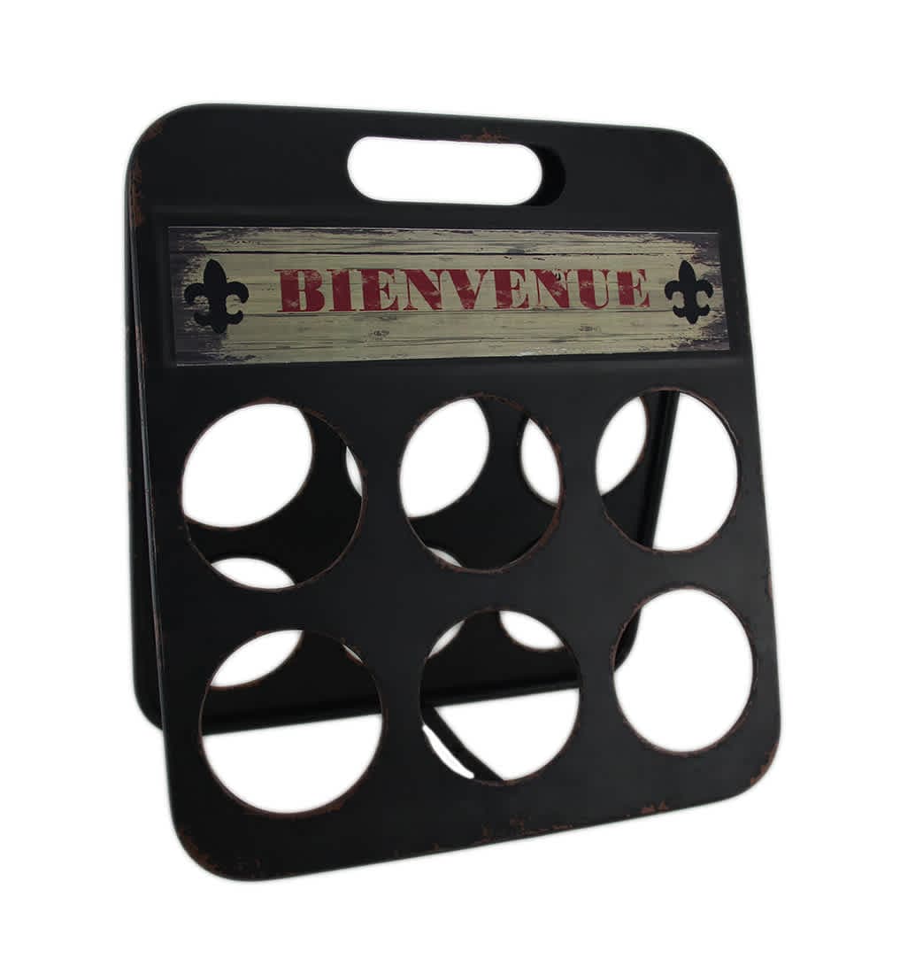 Zeckos JDY-64202 Fleur De Lis Bienvenue Distressed Metal 6 Bottle Wine Holder