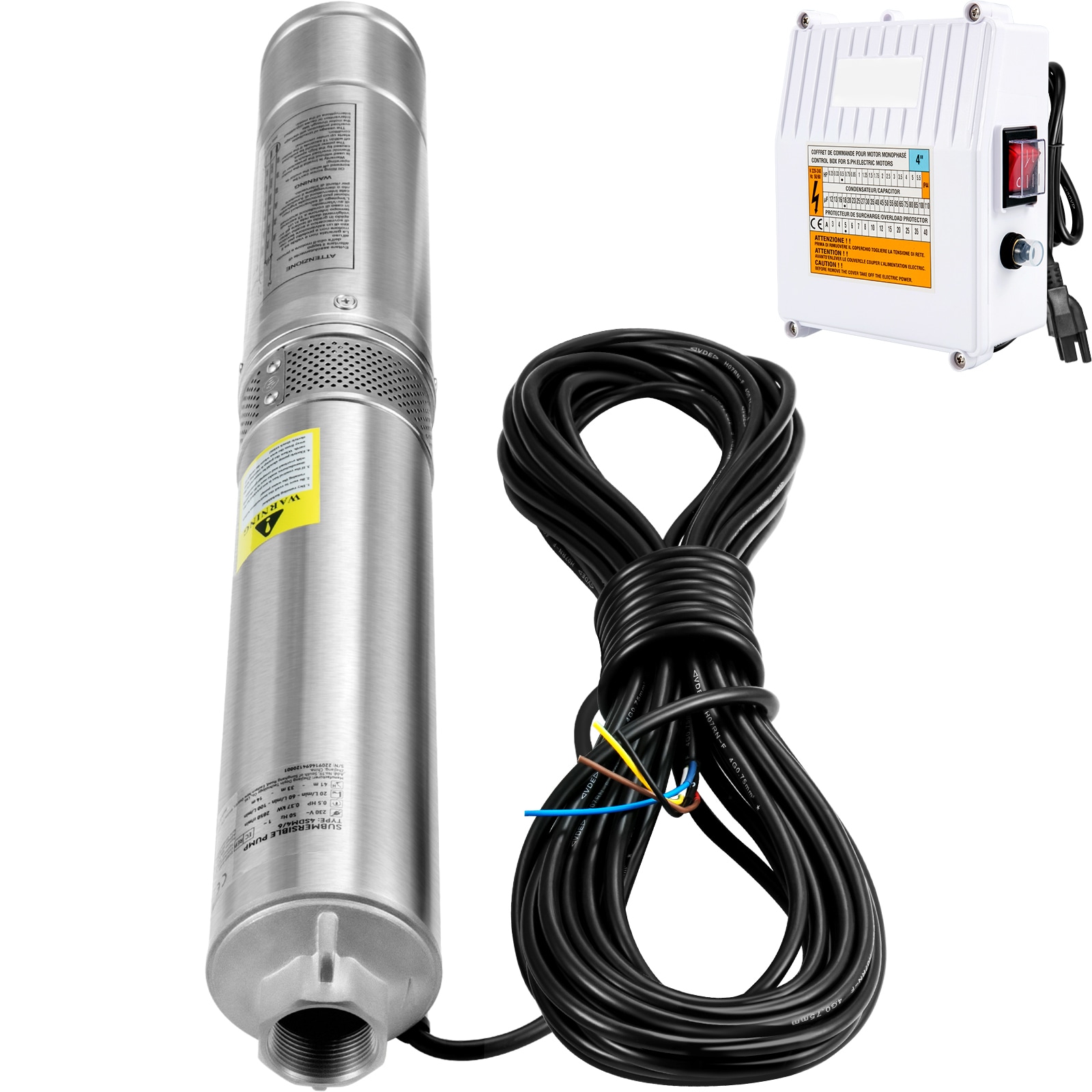 GIVIMO Deep Well Submersible Pump 2-HP 230V 60-Hz 37-GPM 427-ft Head 4-in Stainless Steel Pump with External Control Box 33-ft Cord ETL IP68 for Industrial Irrigation
