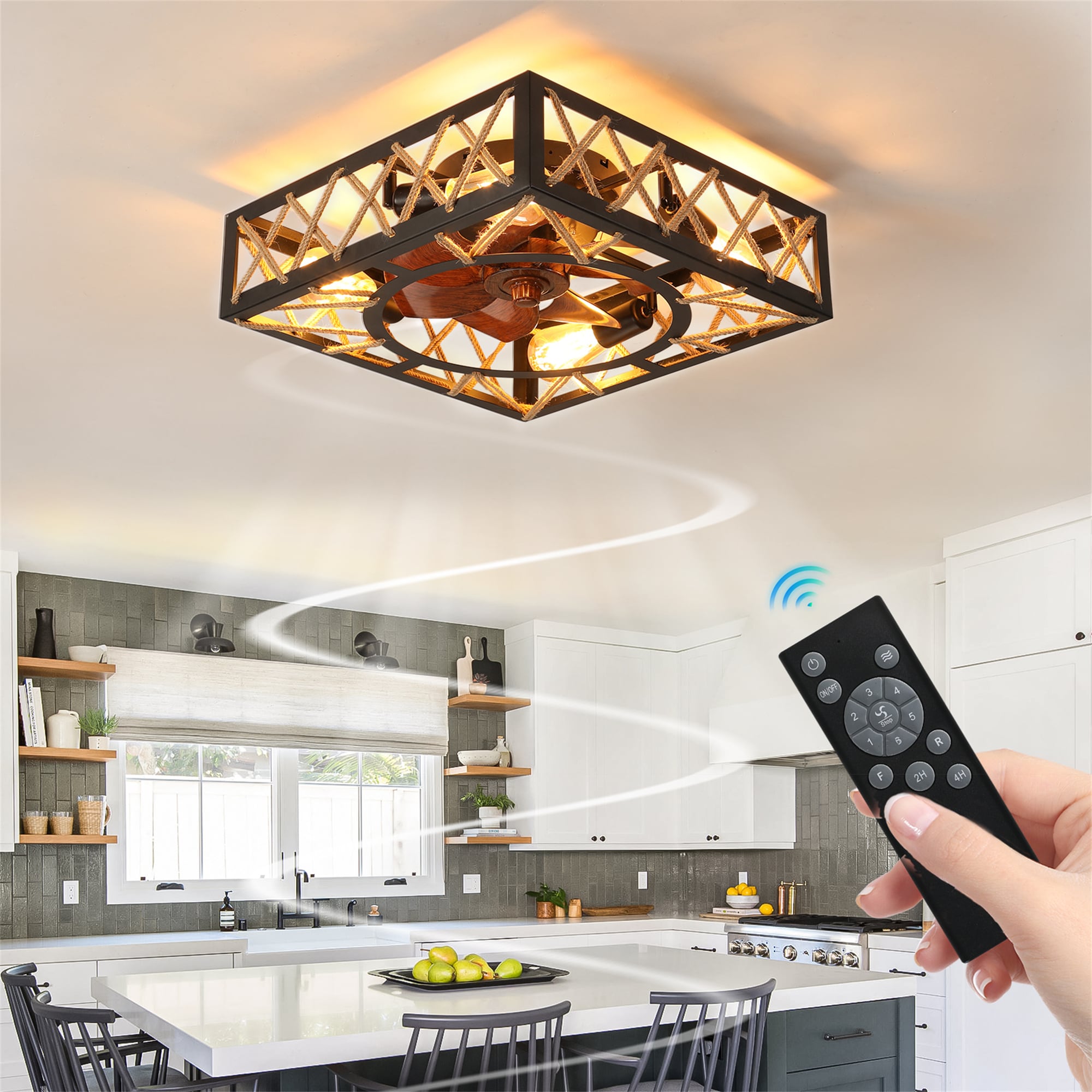 BABOOM BOM-P147067-OR Rustic Ceiling Fan 17.7-in Flush Mount Black with Wood Grain Blades Cage Ceiling Fan Light Kit Compatible - Remote Included ( 7 -Blade )