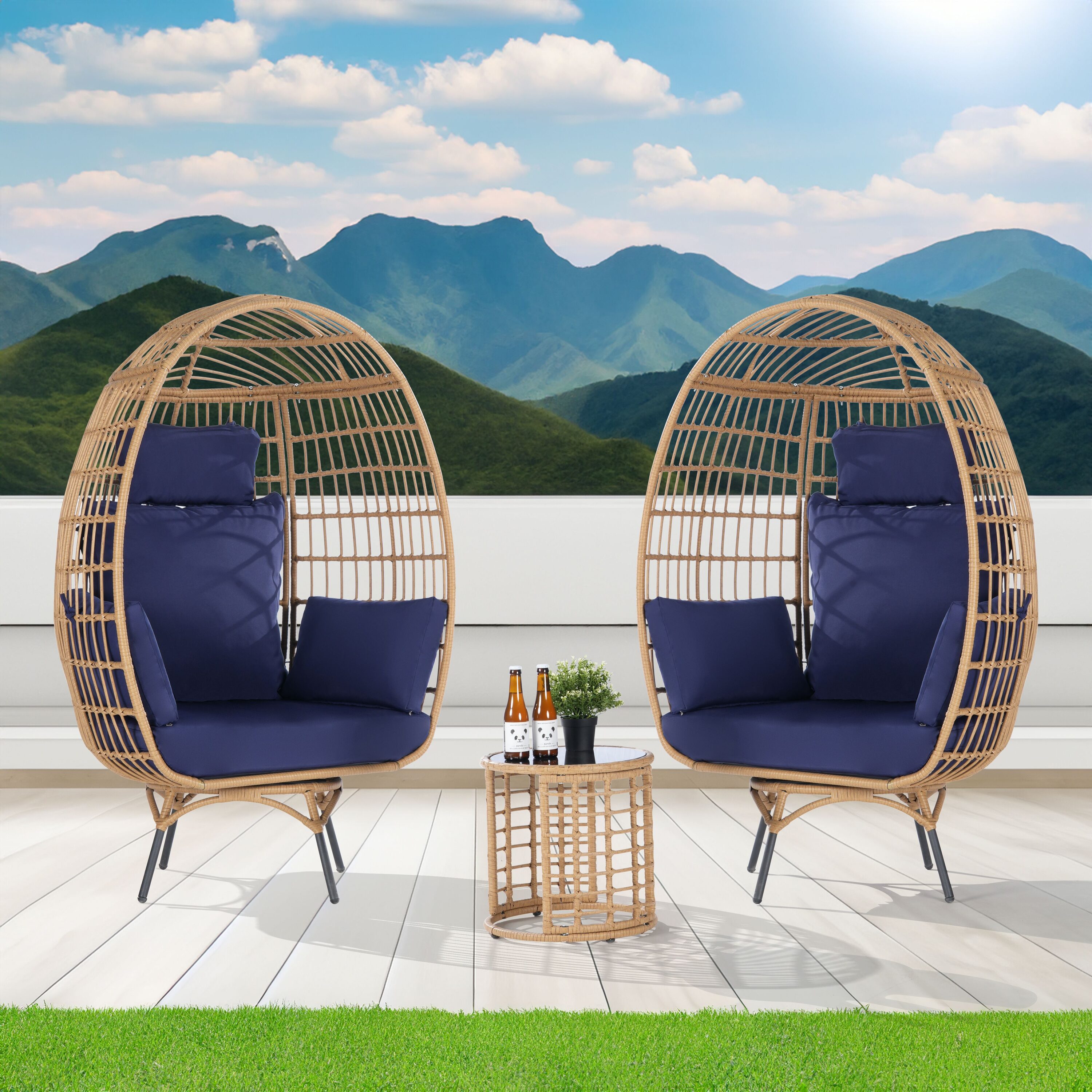 SANSTAR L-RJDC55NY-3P 3 -Piece Wicker Patio Conversation Set with Blue Cushions