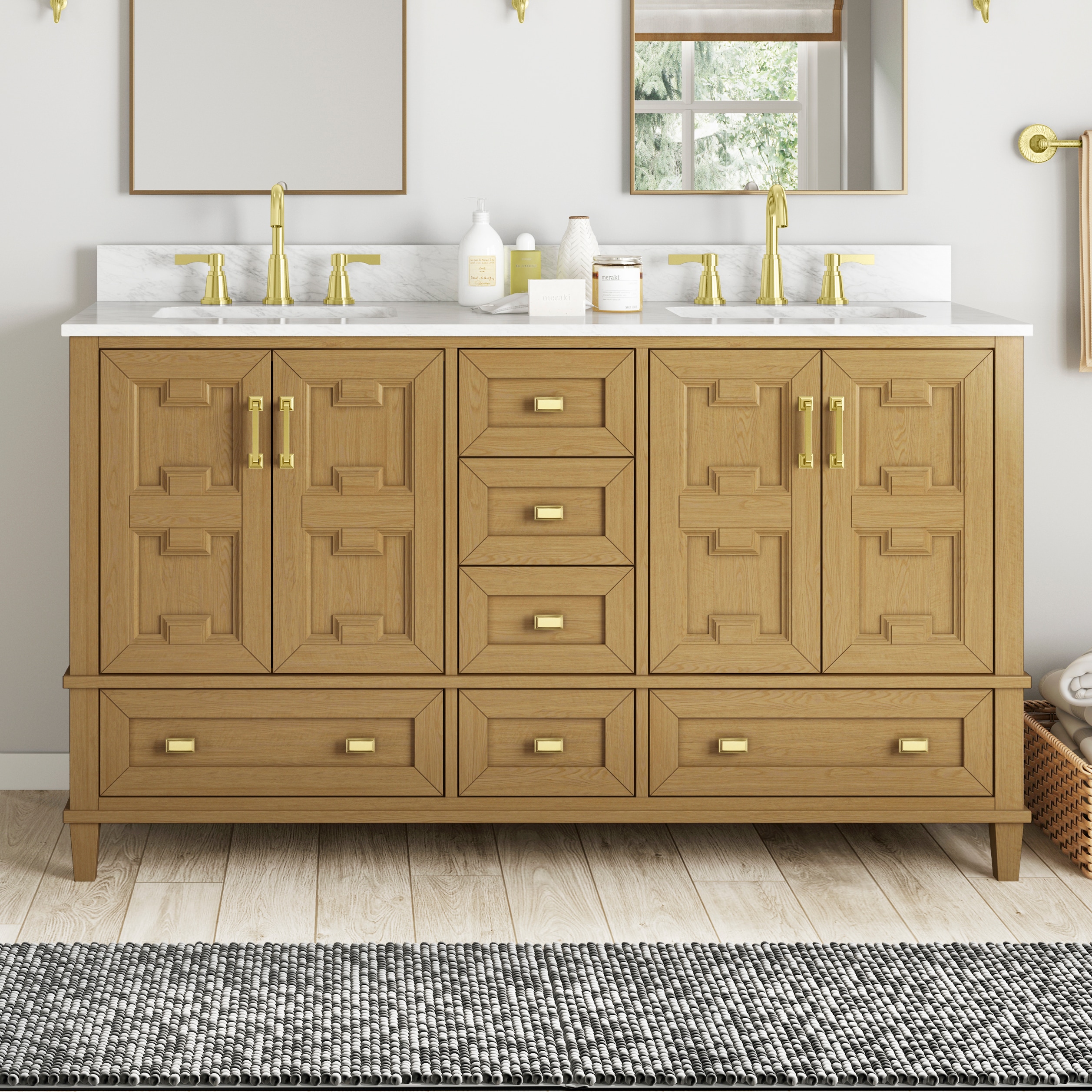 Haines 60-in Sand Undermount Double Sink Bathroom Vanity with White with Grey Veining Engineered Marble Top in Brown/Tan | - allen + roth TJ-0112V6022BE