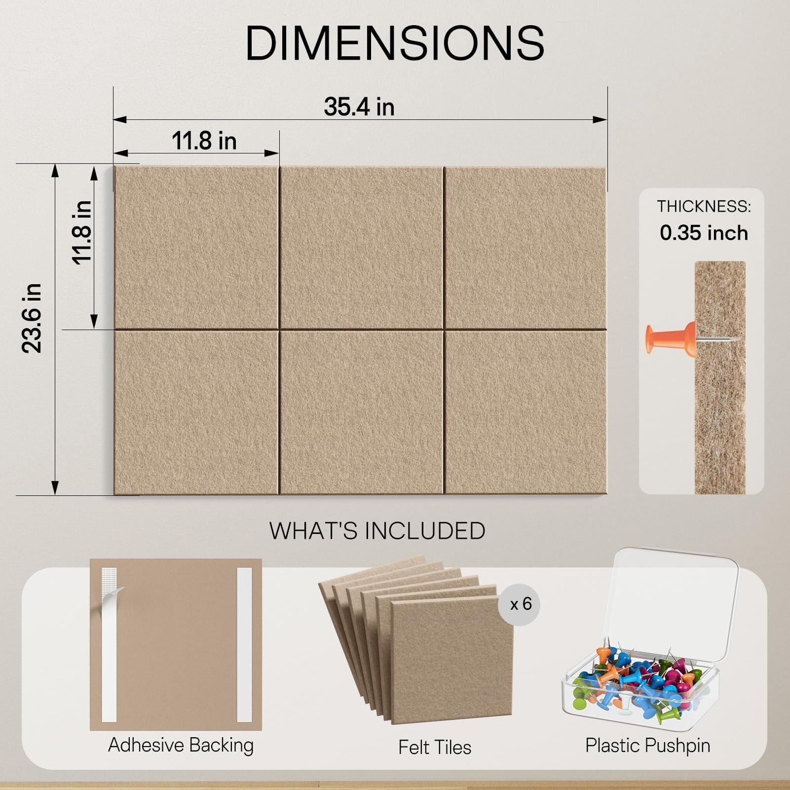 Etokfoks  11 8 in x 11 8 in Felt Bulletin Board Wall Tiles 6 Pack 0 35 in Thick High Density Polyester Panels with Pushpins