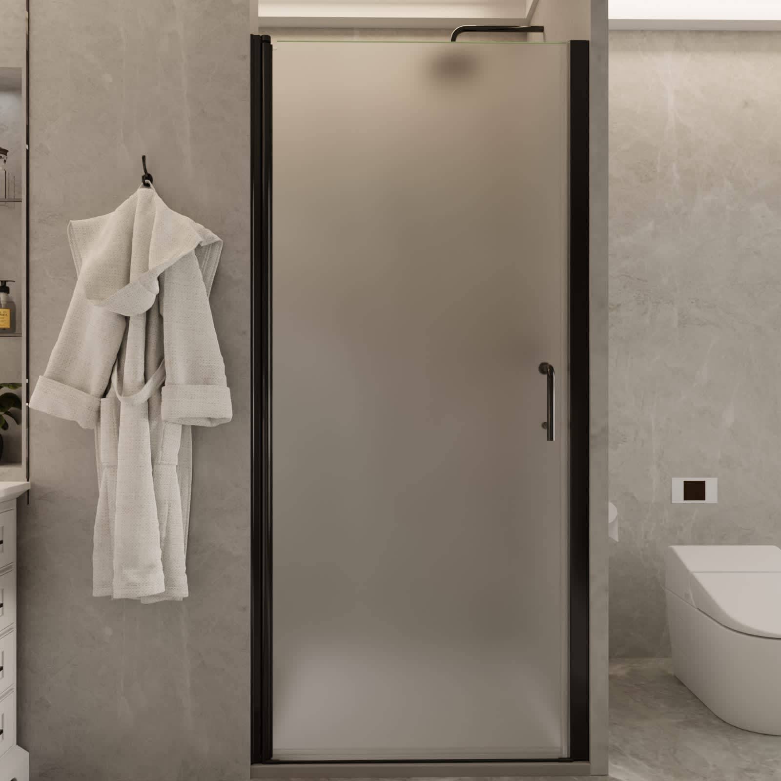 ExBrite 34 to 35-3/8 in. W x 72 in. H Pivot Frameless Swing Corner Shower Panel with Shower Door in Black with Frosted Glass
