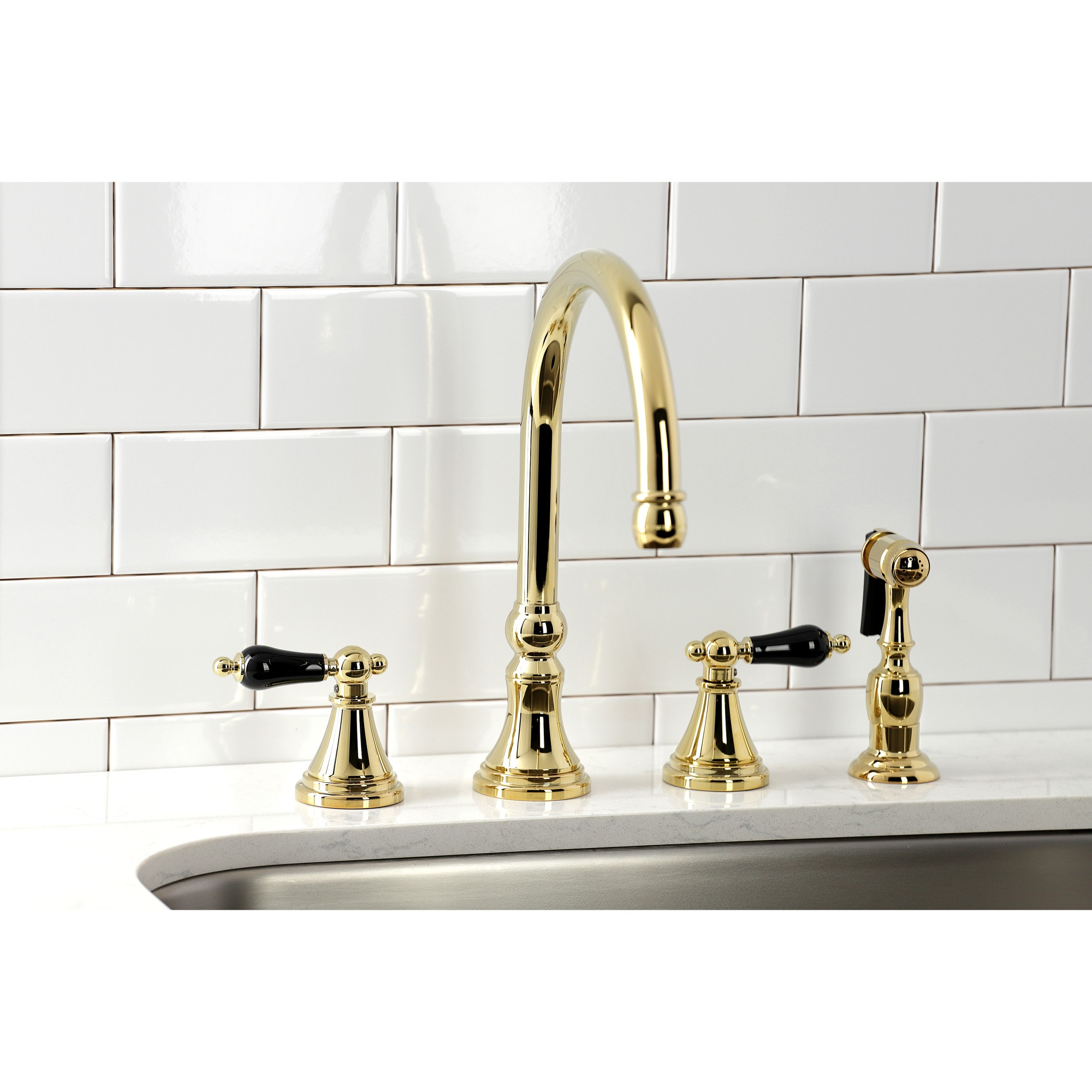 Kingston Brass WLKS2792PKLBS Duchess Polished brass Double Handle Deck-mount Kitchen Faucet with Sprayer ( Side Sprayer Included )