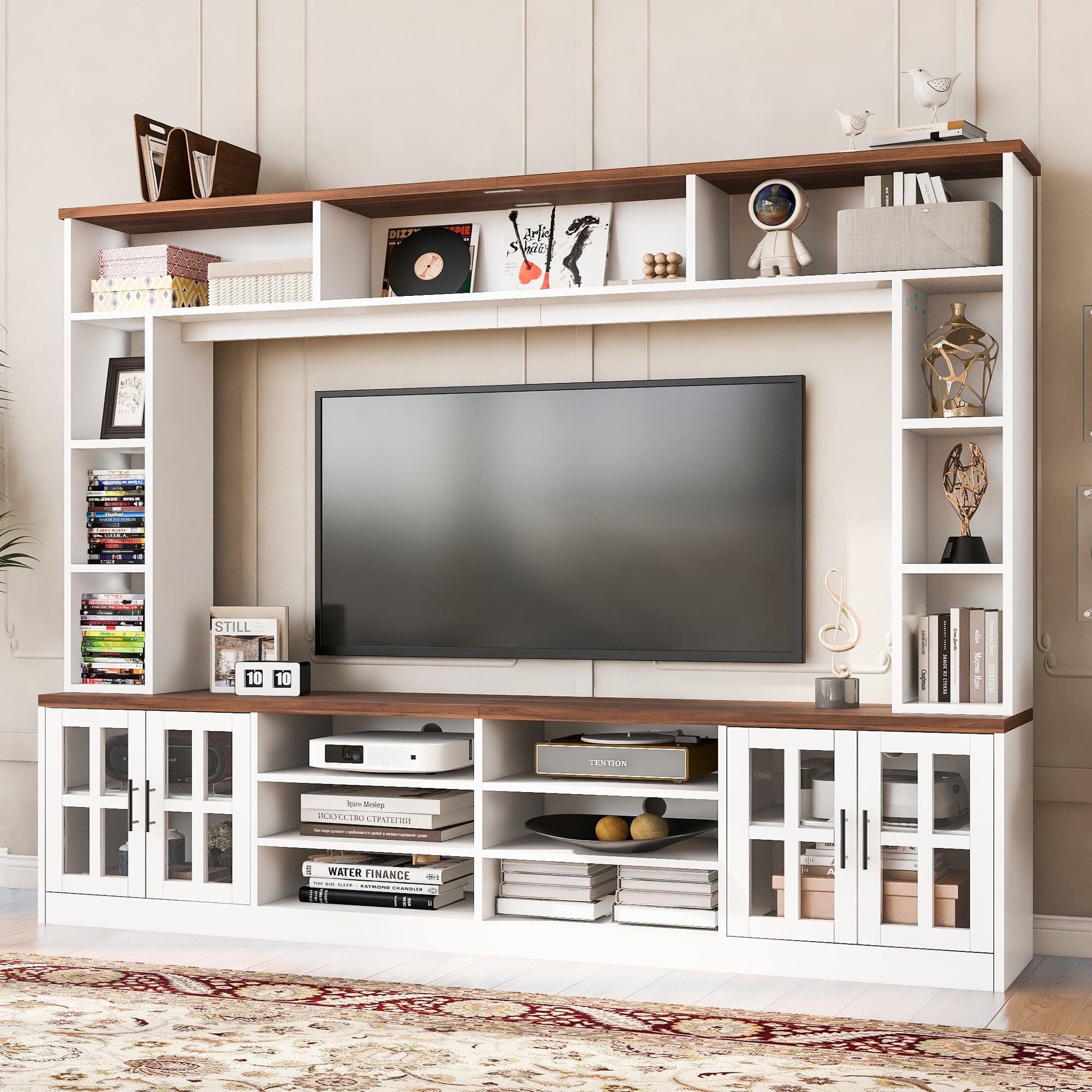 Fun Orange - TV Stand Modern/Contemporary White and Brown 95.5-in W TV cabinet ( Accommodates TVs...