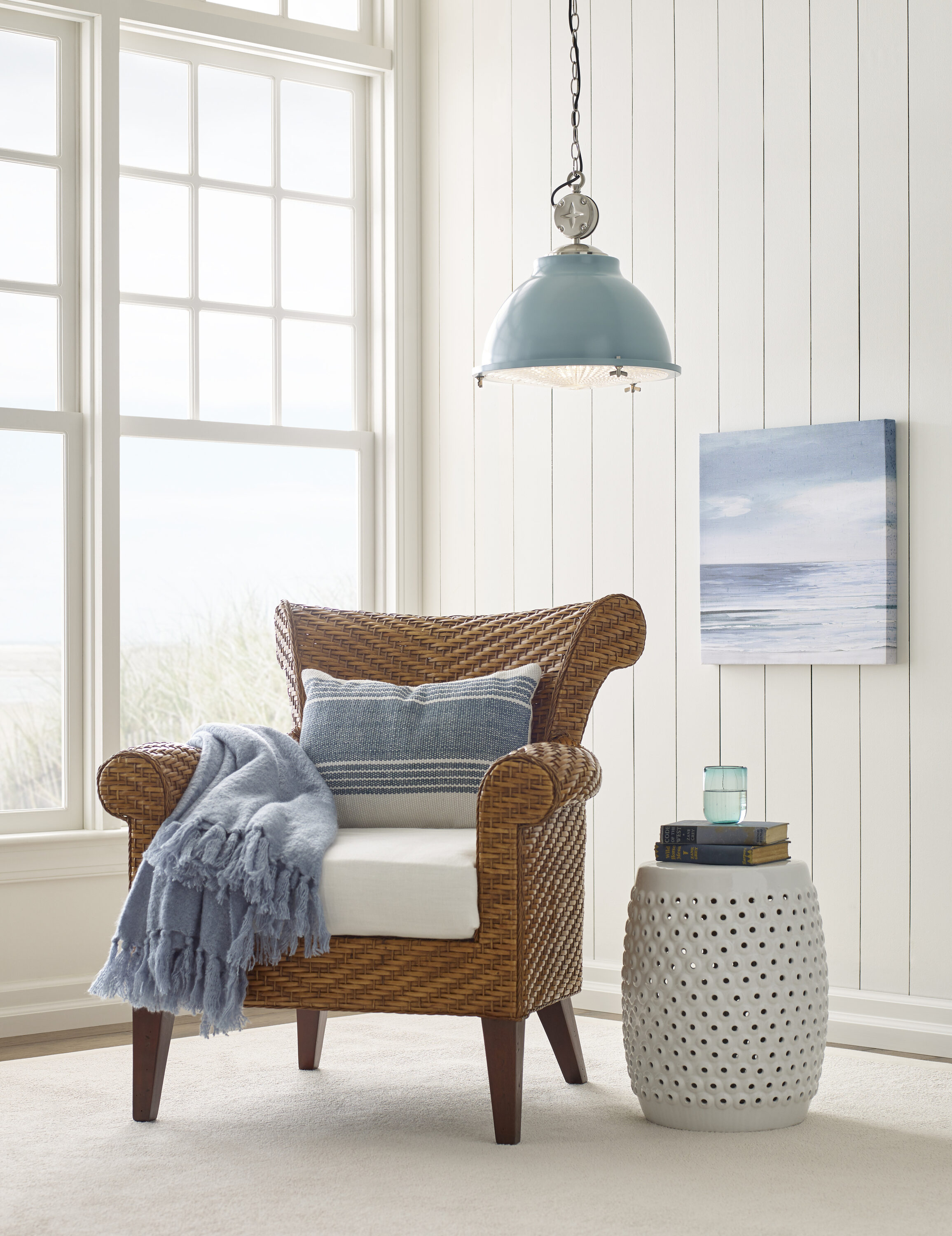 Coastal Blue and Nickel 17" Pendant Light with Glass Shade