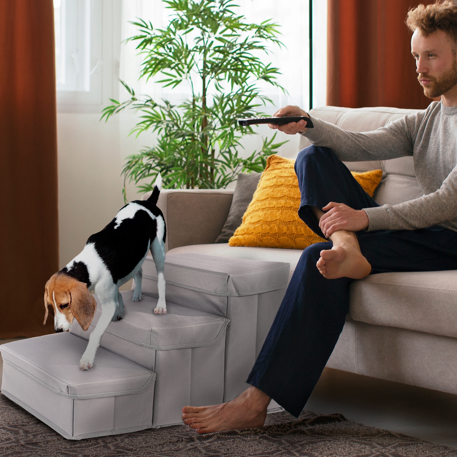 Gray Padded Foldable Pet Steps with Storage