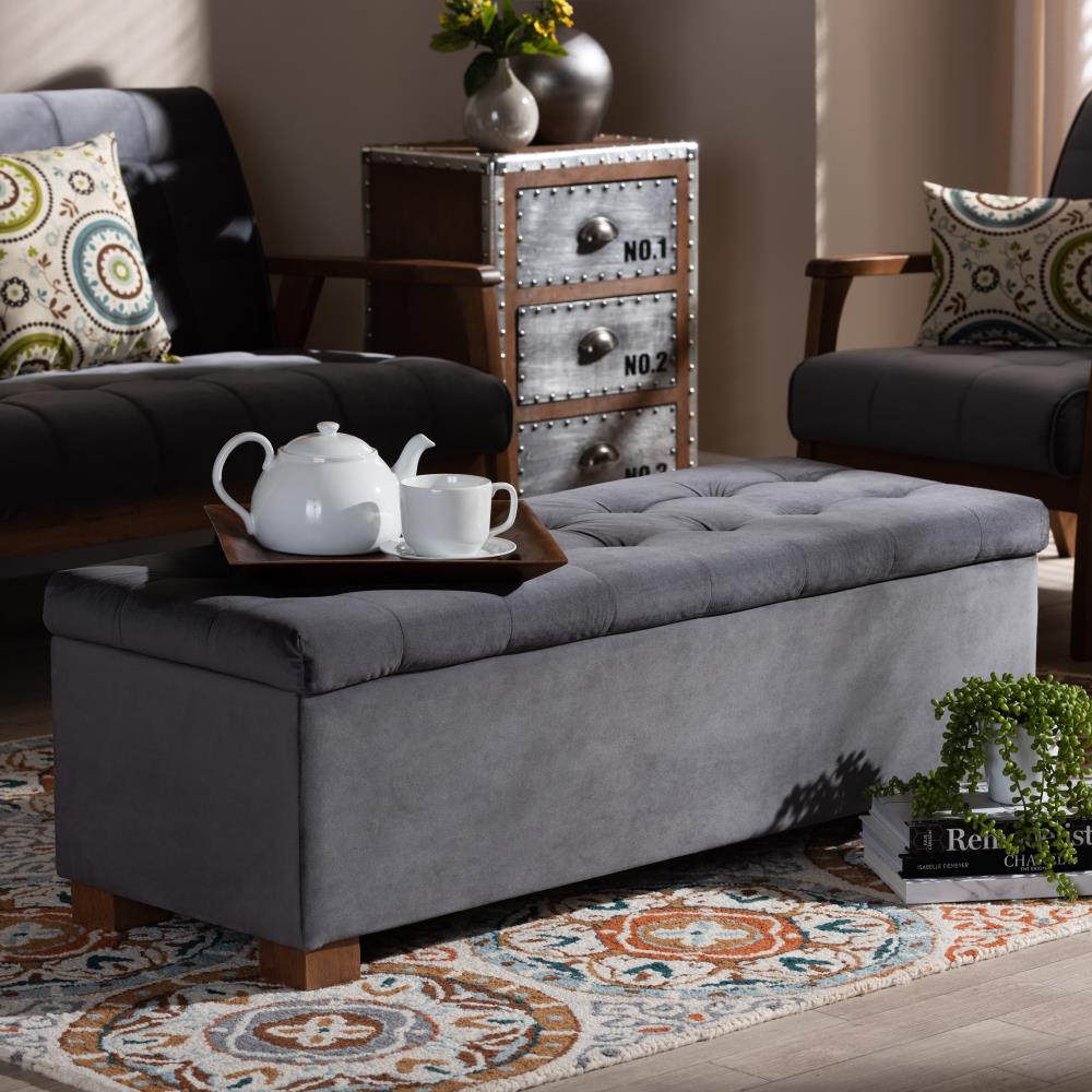 Gray Velvet Upholstered Grid Tufted Storage Ottoman Bench