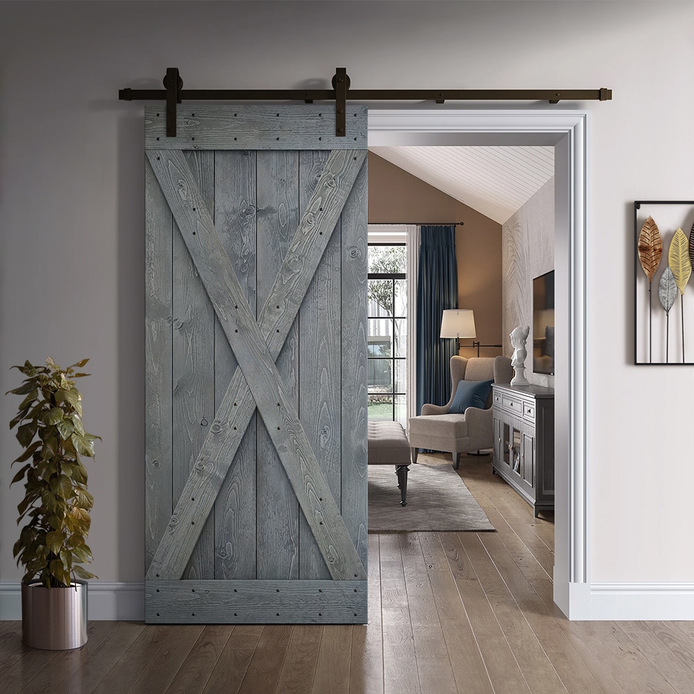 CALHOME 32-in x 84-in Gray Knotty Pine Wood Solid Core Barn Door ...