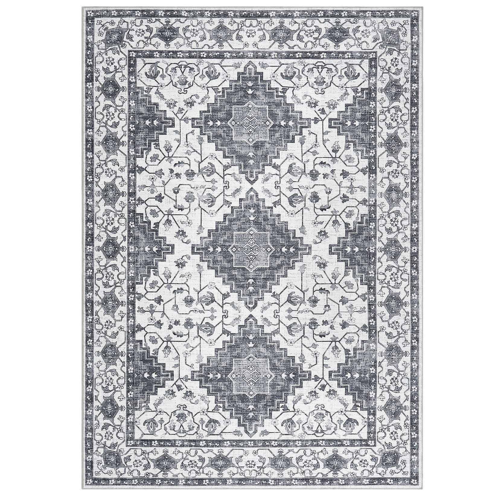 Qeetex LSN-PHO-16N2Y4XU 8 x 10 ft Polyester Pearl Velvet Gray Rectangular Hallway Bathroom Entryway Kitchen Office Foldable Flower Printed Persian Washable Area Rug