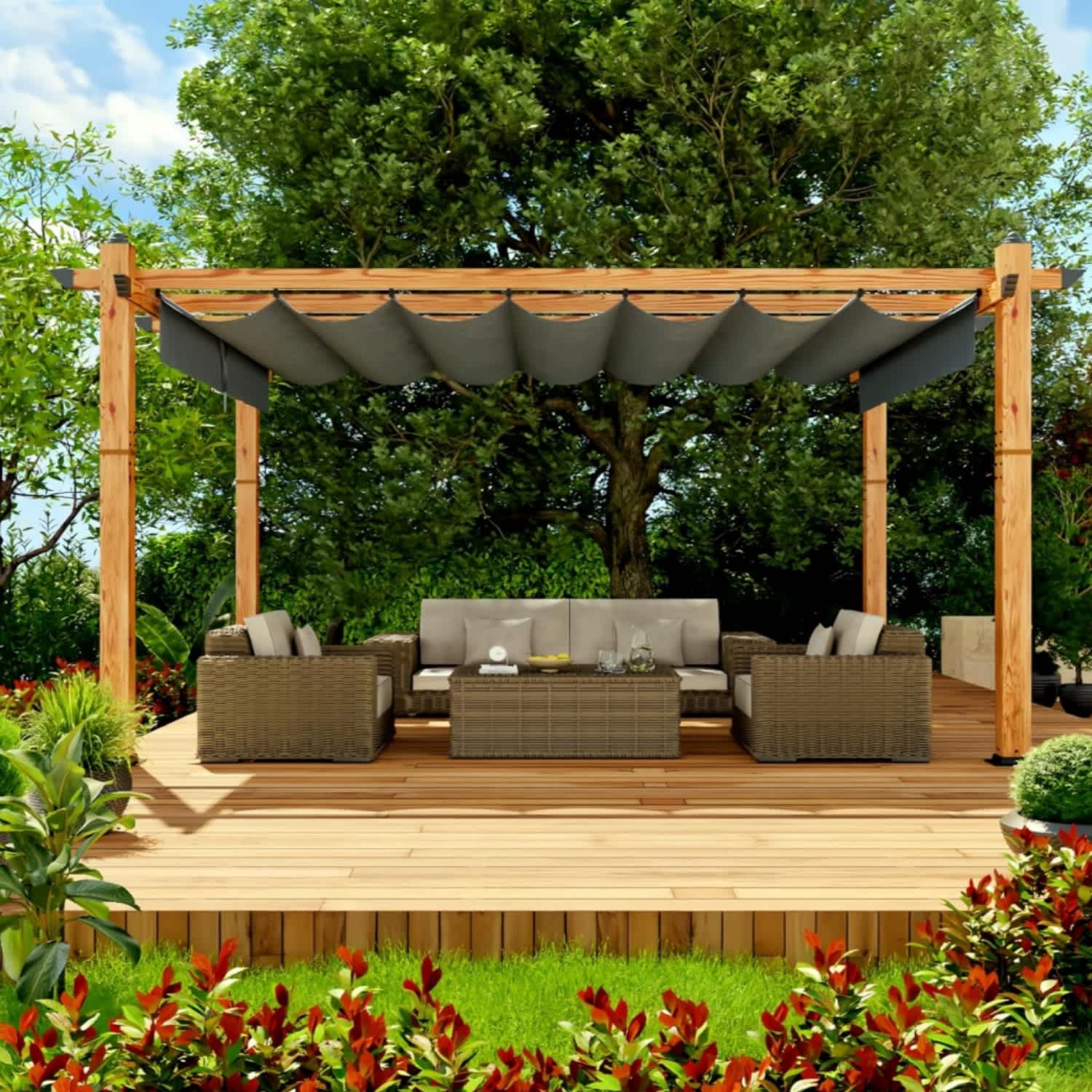 Qeetex LSHQQPHO-335EXLDI 10x13 Ft Outdoor Pergola with Retractable CanopyGrey