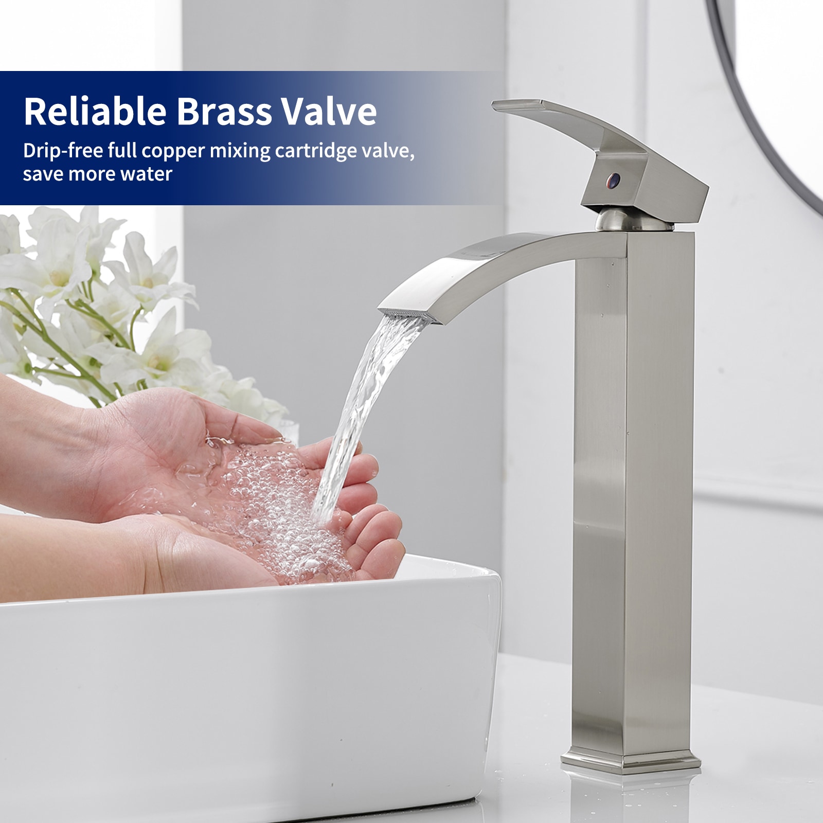 Brushed Nickel Waterfall Vessel Sink Faucet with Pop-Up Drain