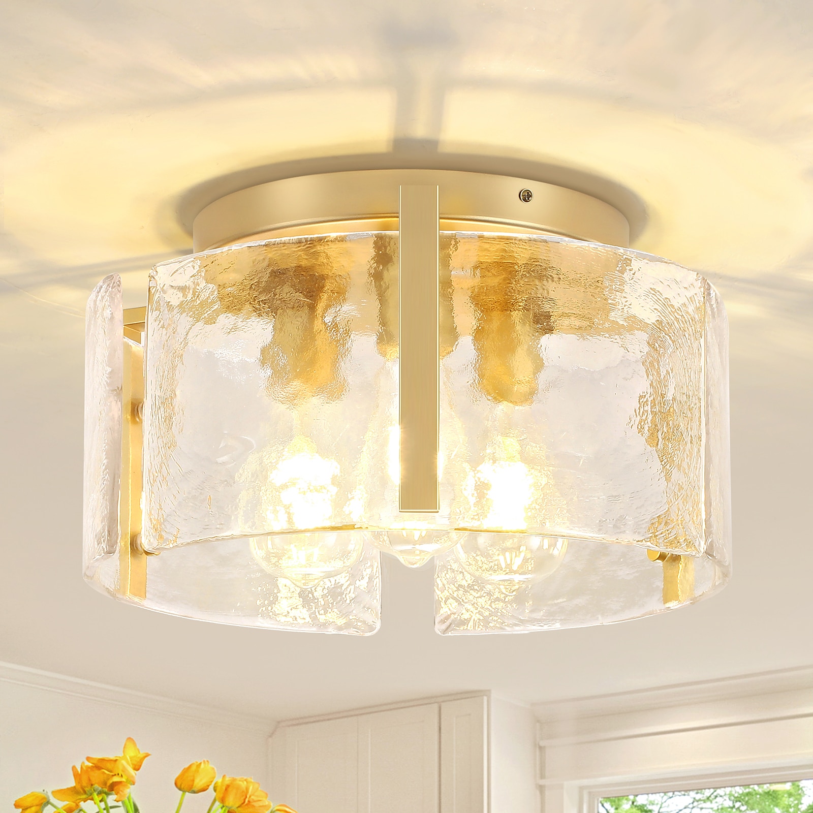 ZSMIHDOH 14.96-in Gold Indoor 3 -Light Flush Mount Light with Water Glass
