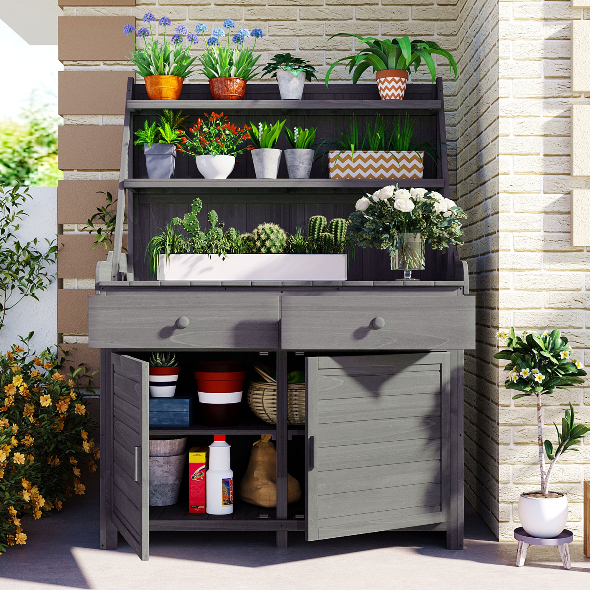 ModernLuxe N717P220217E 65inch Garden Potting Bench TableFir Wood Workstation with Storage ShelfDrawer and CabinetGray