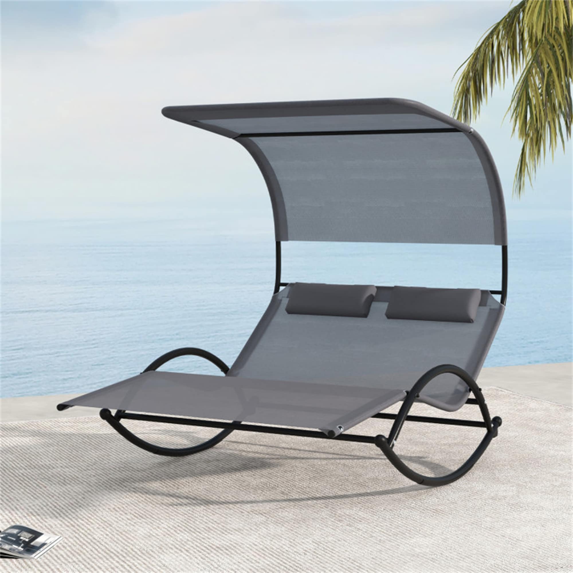 BABOOM BOM-11653GR-CO Outdoor Canopied Patio Lounger Gray Metal Frame Chaise Lounge Chair with Gray Solid Seat