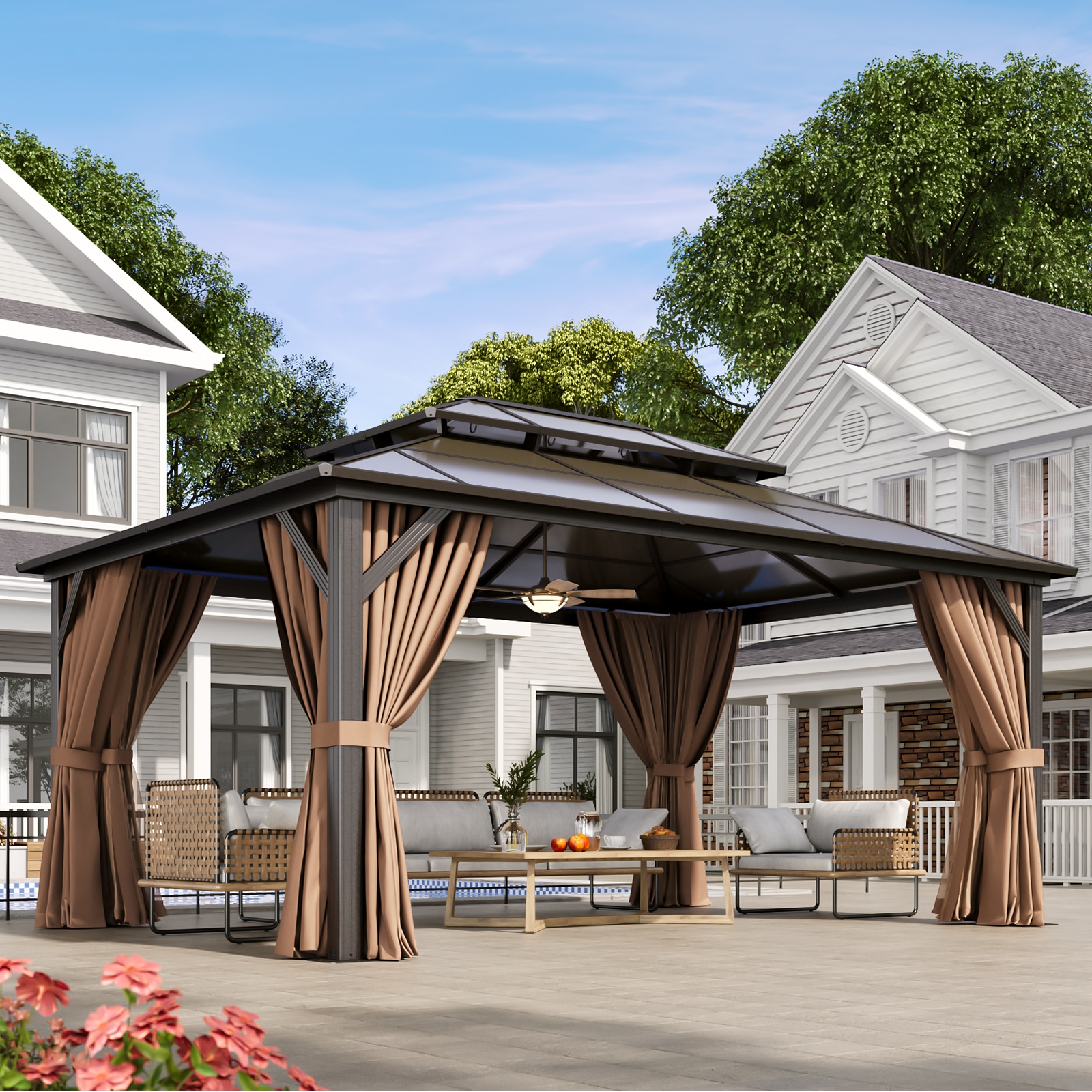 12' x 16' Beige and Black Aluminum Hardtop Gazebo