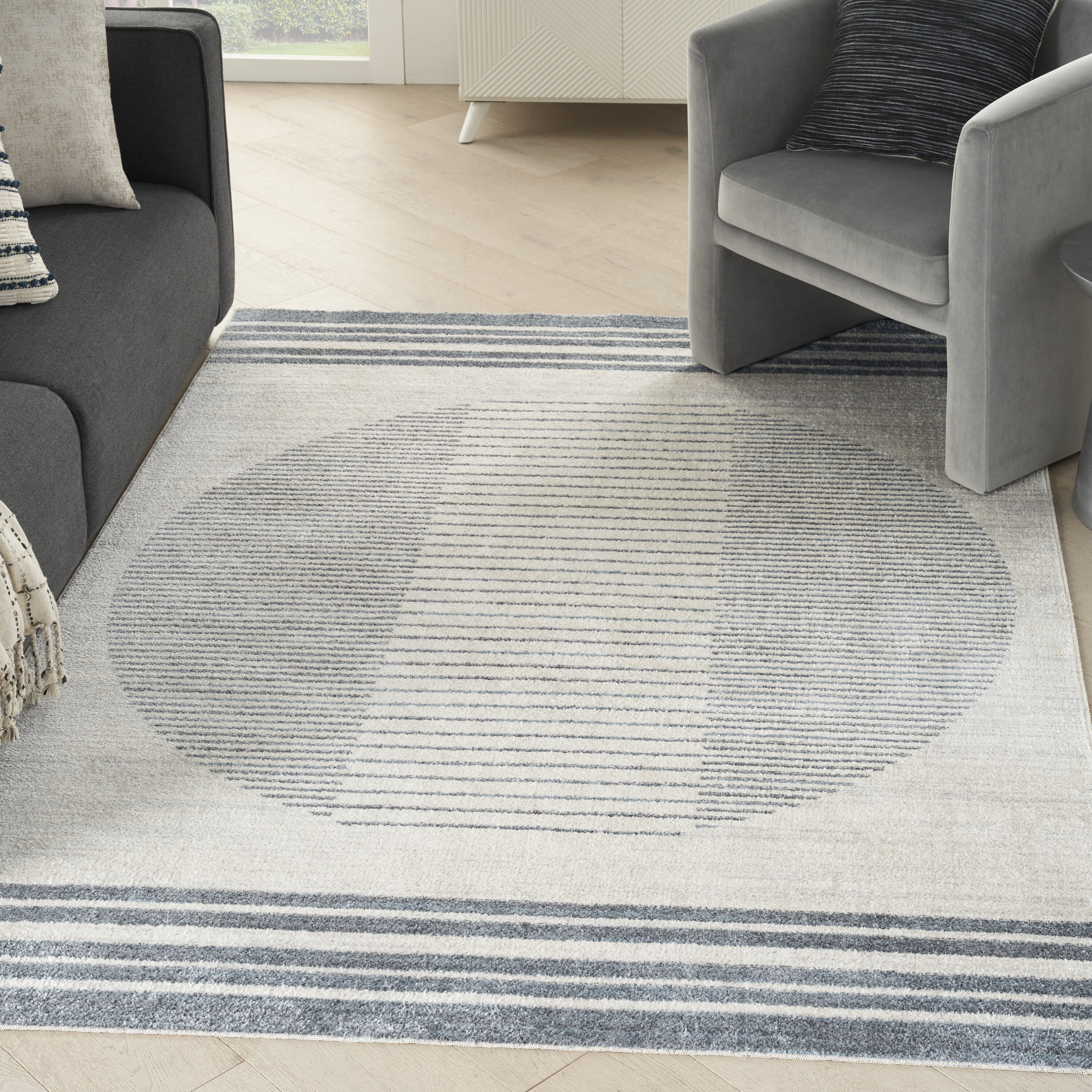 Scandinavian Charm Blue Stripe Washable 5' x 7' Wool Blend Rug