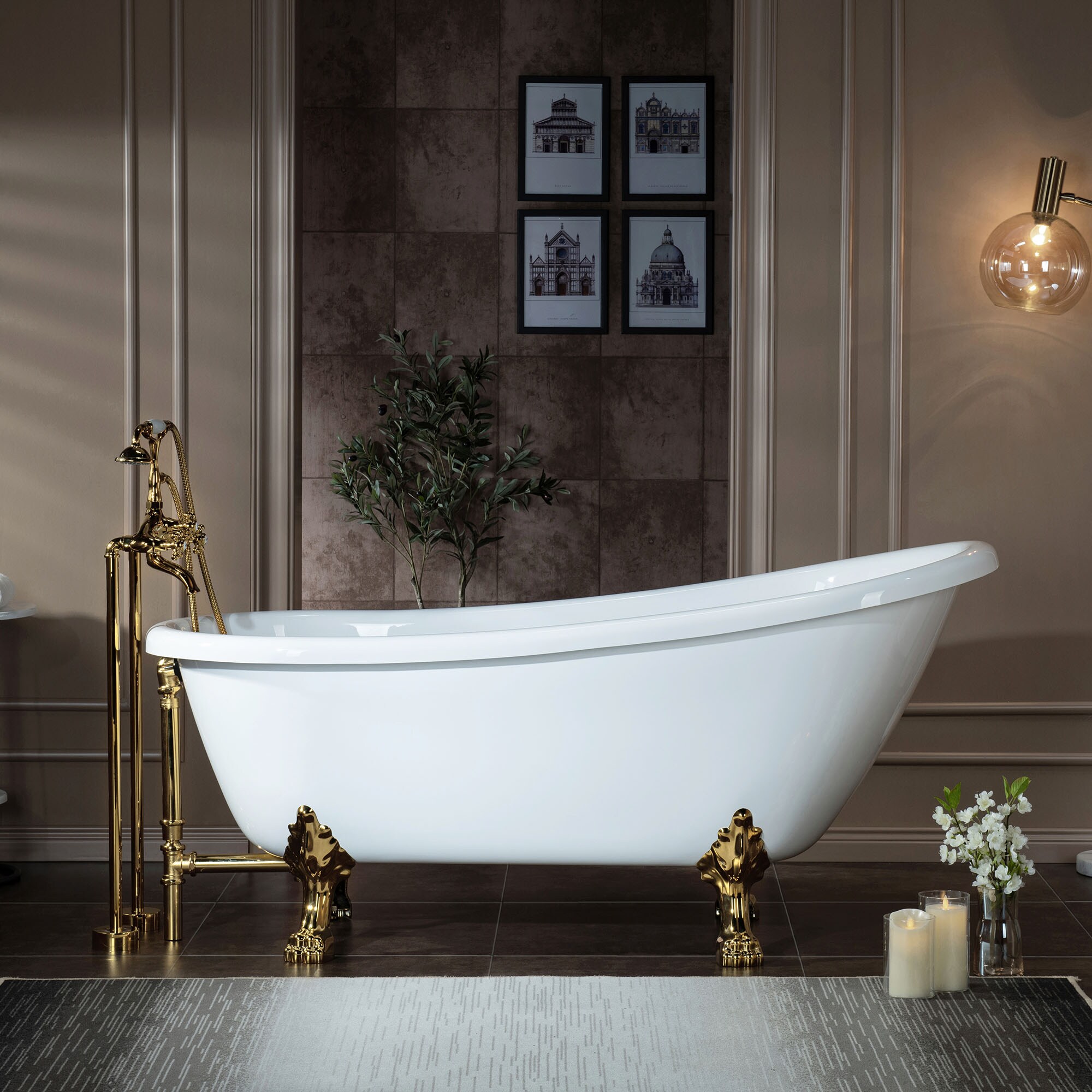 1/12 Miniature Ceramic White Bathtub With Gold Clawfoot 