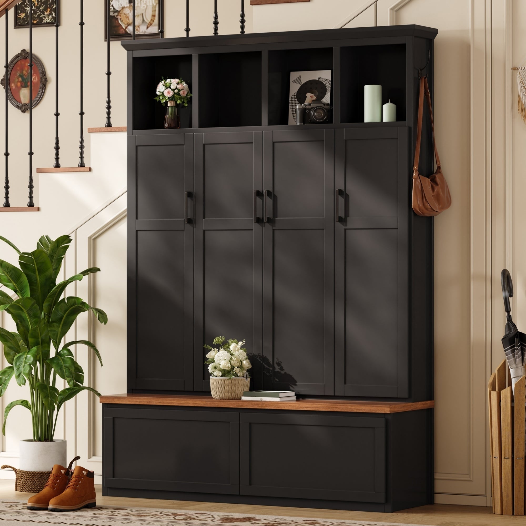 Horizons Prime 55 inch Black and Walnut Modern Farmhouse Hall Tree with 4 Hidden Cabinets and 6 Hooks for Entryway Storage