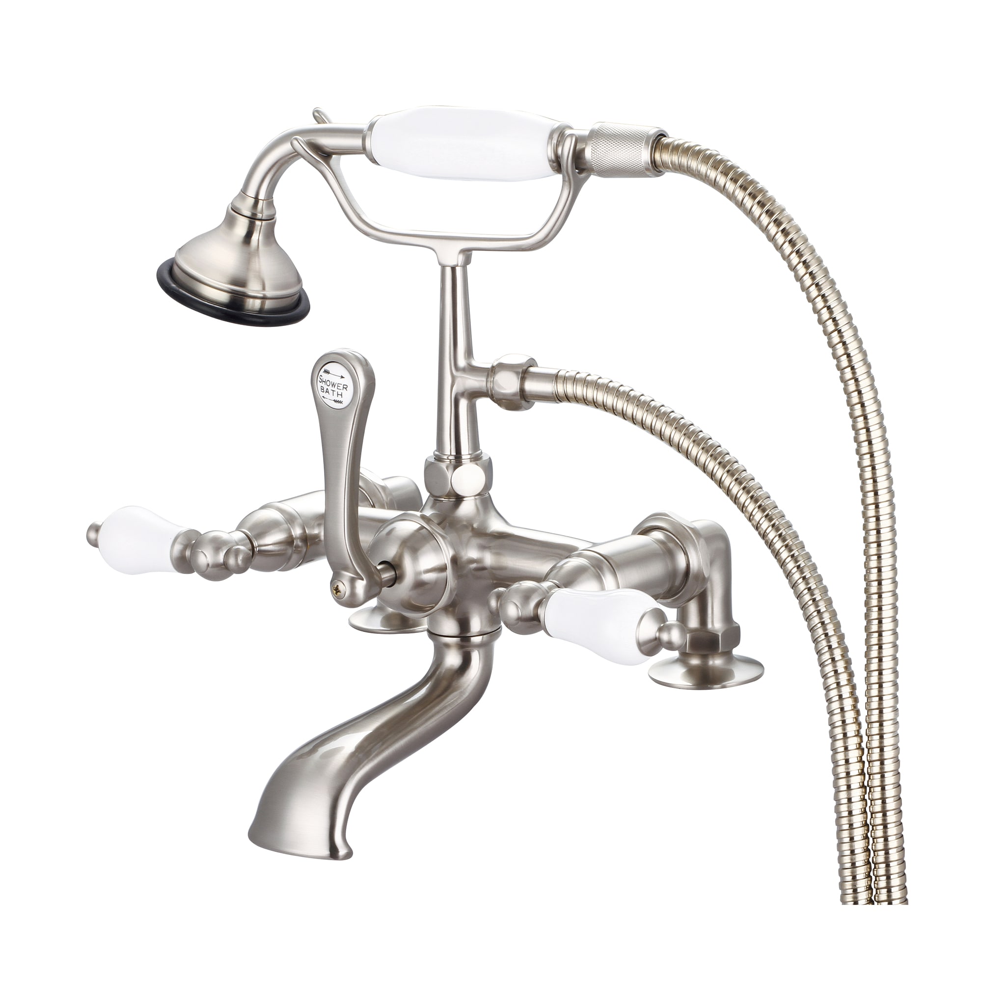 Water Creation F6-0007-02-PL F6 Brushed Nickel 3-handle Deck-mount Roman Waterfall Bathtub Faucet with Hand Shower ( Valve Included )