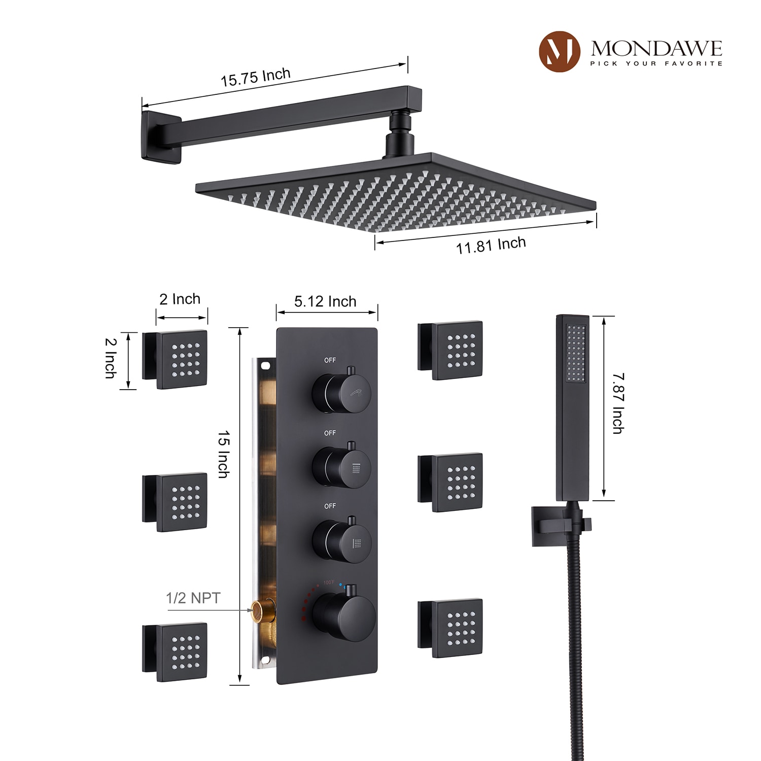 Mondawe MO6006-16GD Showerhead-Bar-Panels - View #11