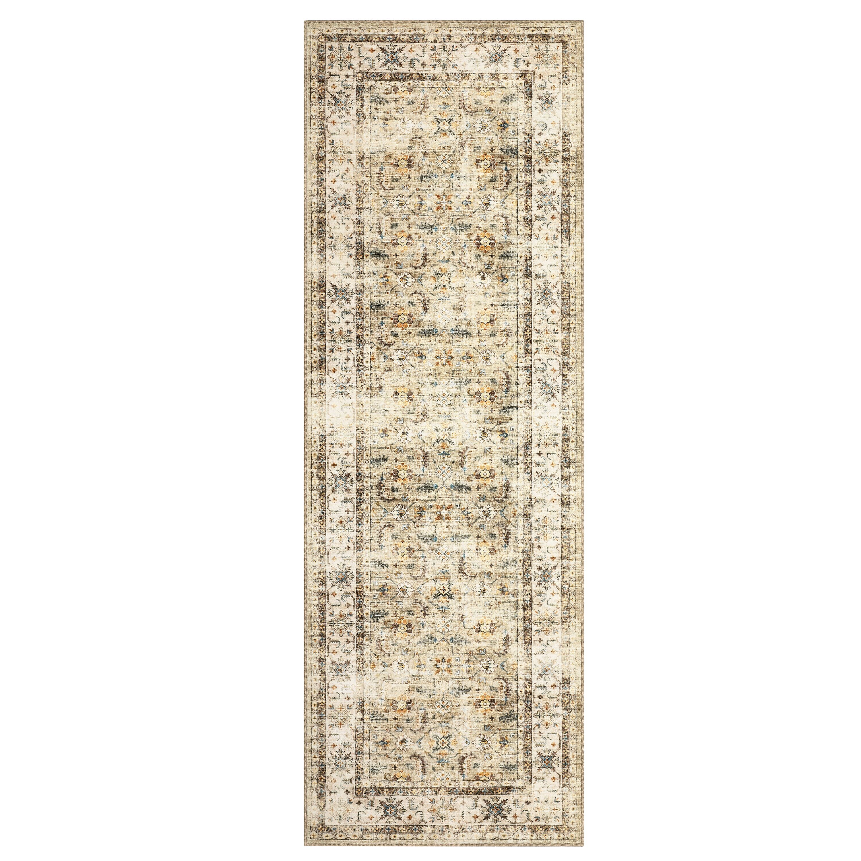 Qeetex LSN-PHO-34DW4Q4A 2 x 6 ft Polyester Cashmere Imitation Beige Brown Rectangular Hallway Bathroom Entryway Kitchen Office Foldable Flower Printed Persian Washable Area Rug