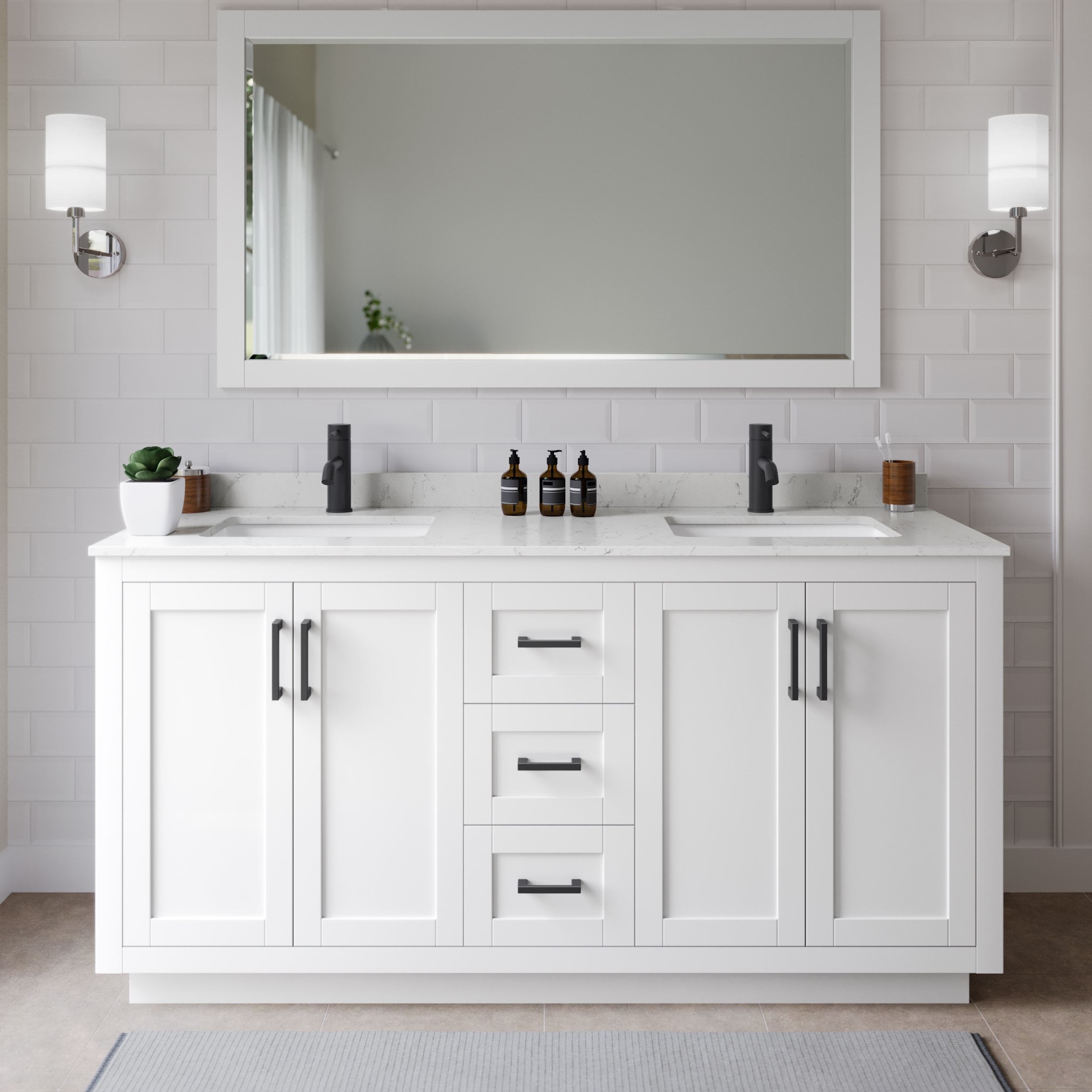 Wyndham Collection WCF292966DWBC2UNSM58 Miranda 66-in White with Matte Black Trim Undermount Double sink Bathroom Vanity with Carrara Cultured Marble Cultured marble Top (Mirror Included)