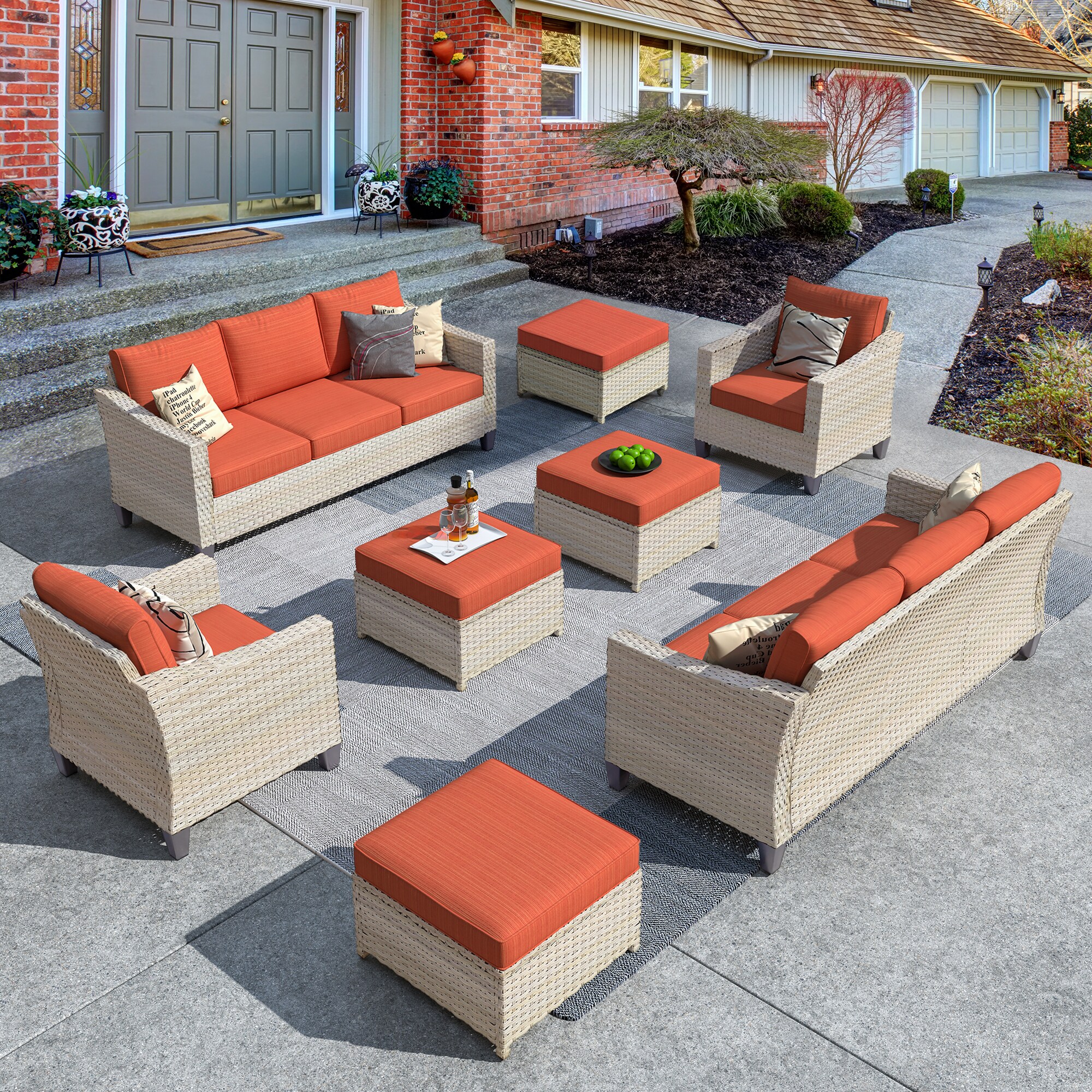 Pouuin SDAR808 8 -Piece Rattan 2 Patio Sofa Conversation Set with Red Cushions