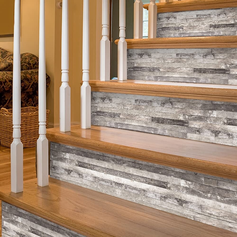 Etokfoks 14 Pack Ash Grey Wood Grain Vinyl Stair Riser Decals 39 37x7 ...