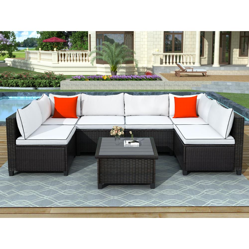 Clihome TX237S00003 7-Piece Wicker Patio Conversation Set with Brown Wicker Cushions