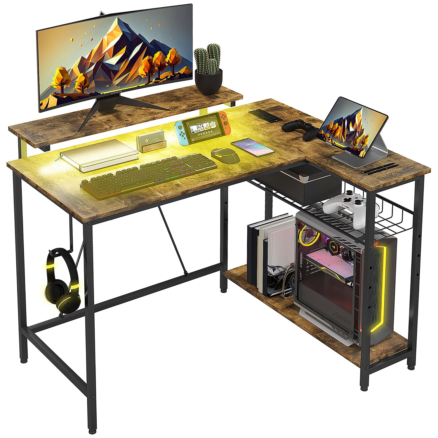 GZMR ORRC-9566-LC 42" L Shaped Desk with LED Lights 31.5-in Brown Modern/Contemporary L-shaped desk