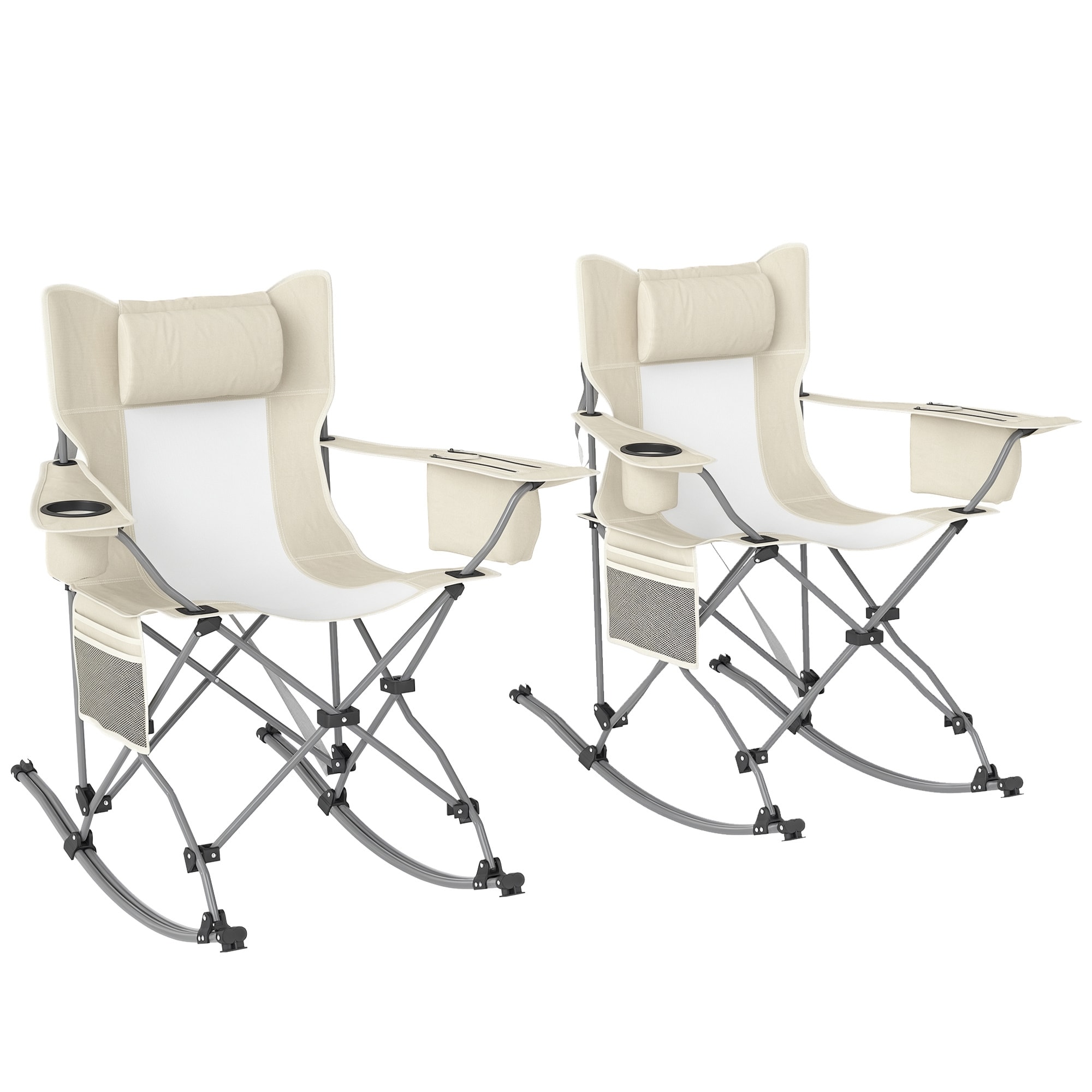 Outsunny  Folding Rocking Camping Chairs for Adults Portable Outdoor Rocking Chairs with Headrest Cooler Bag Cup Holder Carry Bag for Picnic Outside and Outdoor Travel 2 Pack Cream