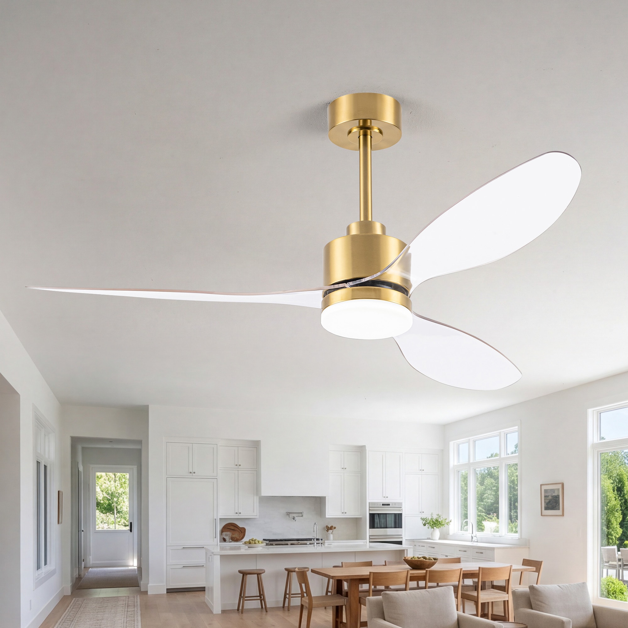 Flashwind 52-in Brushed Gold with Transparent ABS Blades LED Downrod Mount Ceiling Fan With Remote Control Included 3-Blade