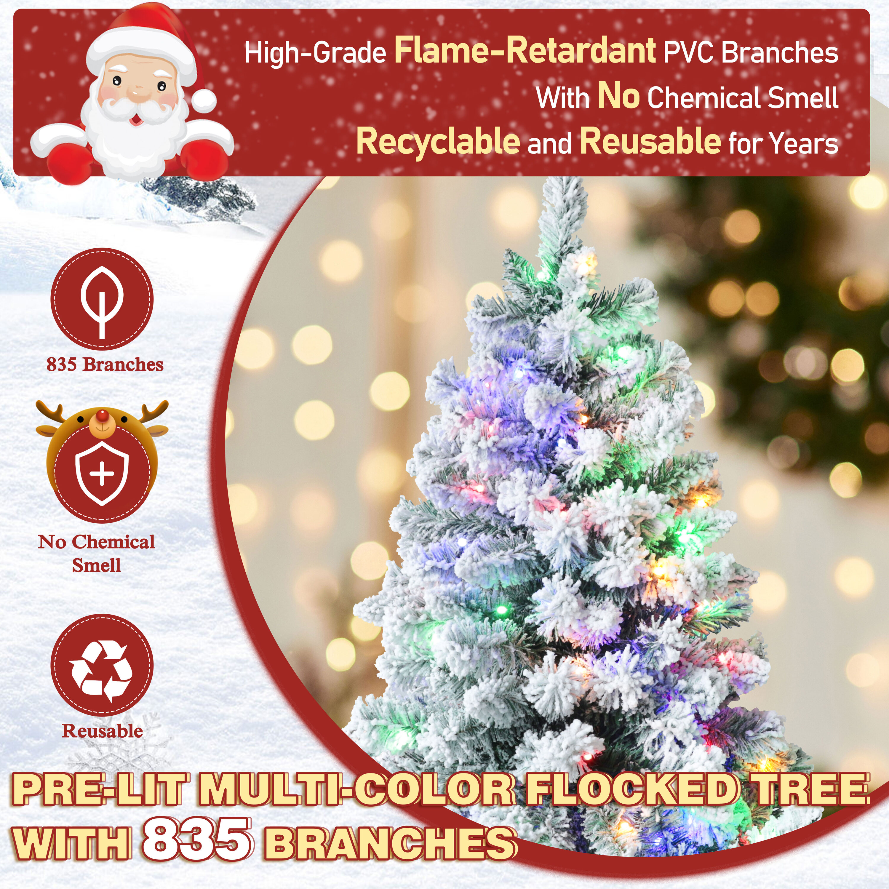 VEIKOUS 6-ft Pine Pre-lit Flocked Assorted Artificial Christmas Tree ...