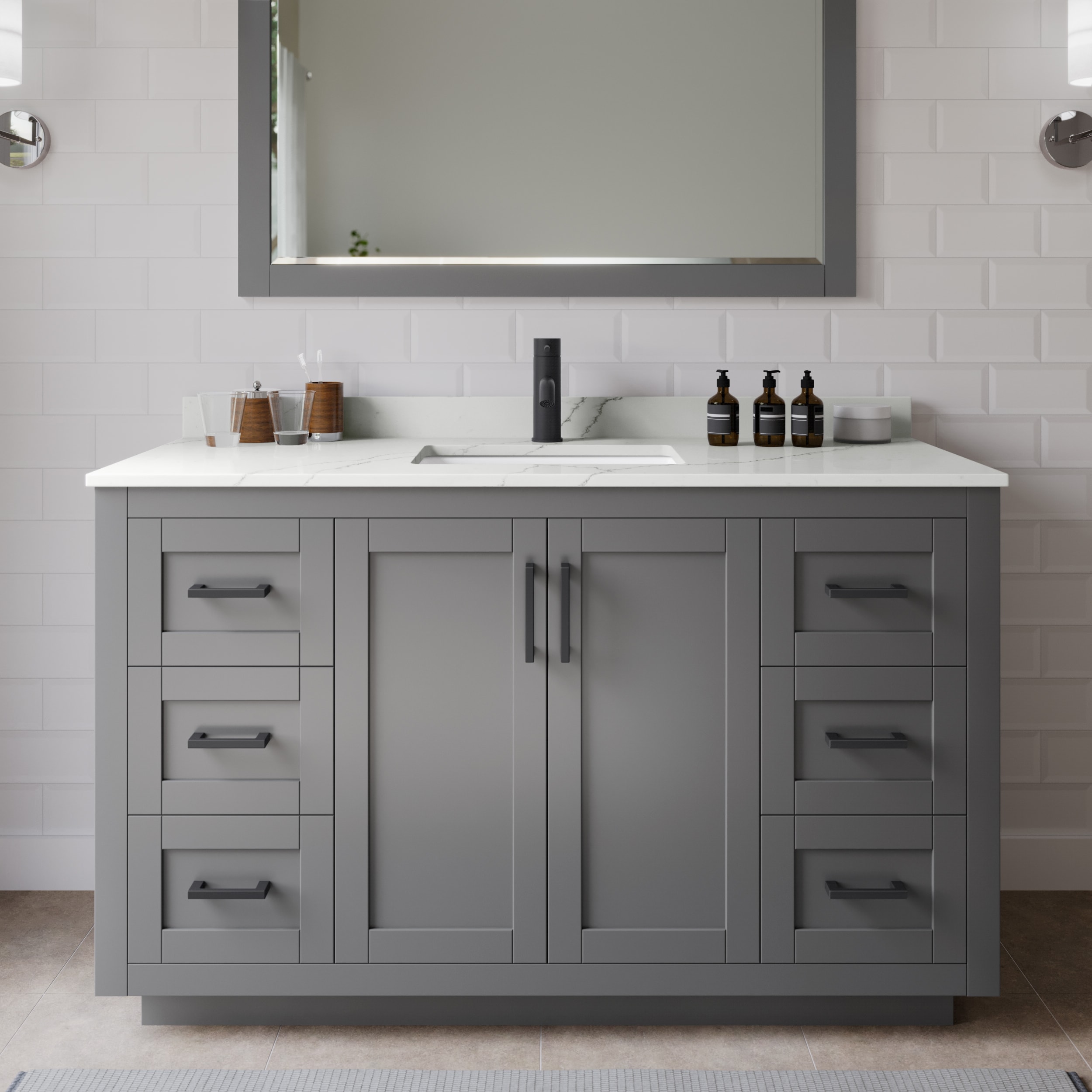 Wyndham Collection WCF292954SGBGTUNSM46 Miranda 54-in Dark Gray Undermount Single Sink Bathroom Vanity with Giotto Quartz Top (Mirror Included)
