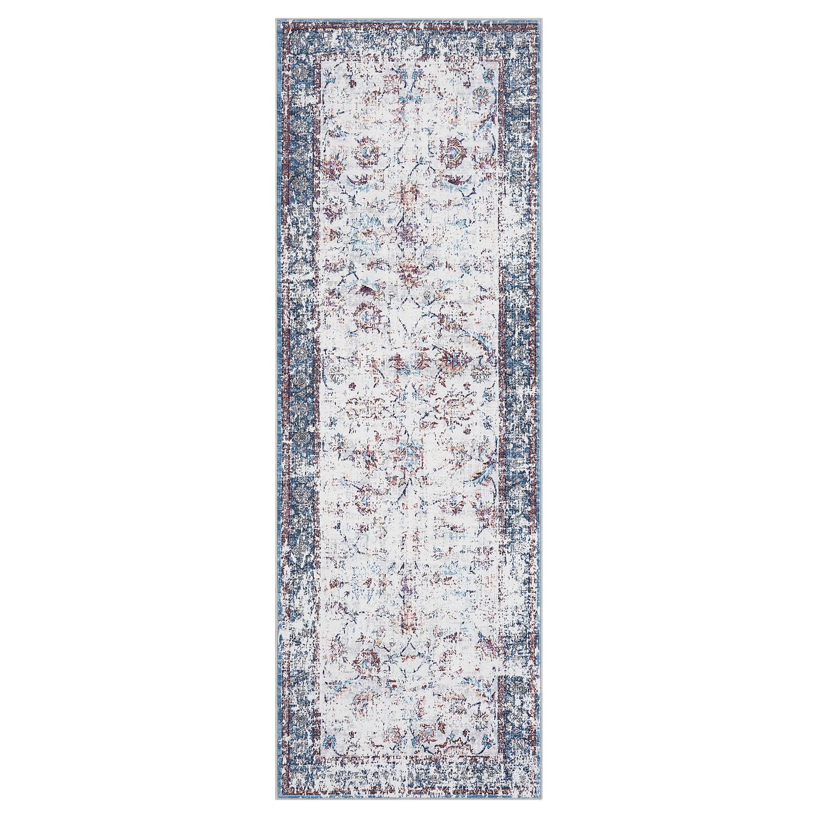 Qeetex SUNNY-PHO-334RG1S3 2 x 6 ft Polyester Multi Color Rectangular Laundry Bathroom Kitchen Distressed Floral Print Vintage Machine Washable Runner Rug