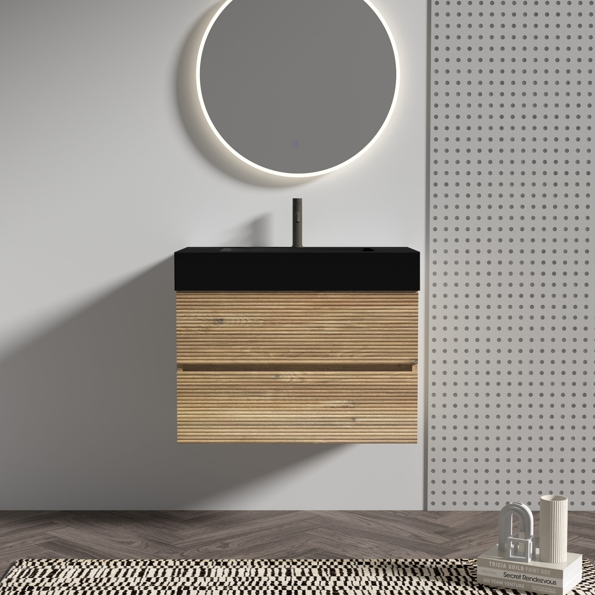 Afhocomp 30 in Single Sink Wall-mount Rough Oak Bath Vanity with Black Integral Quartz Basin