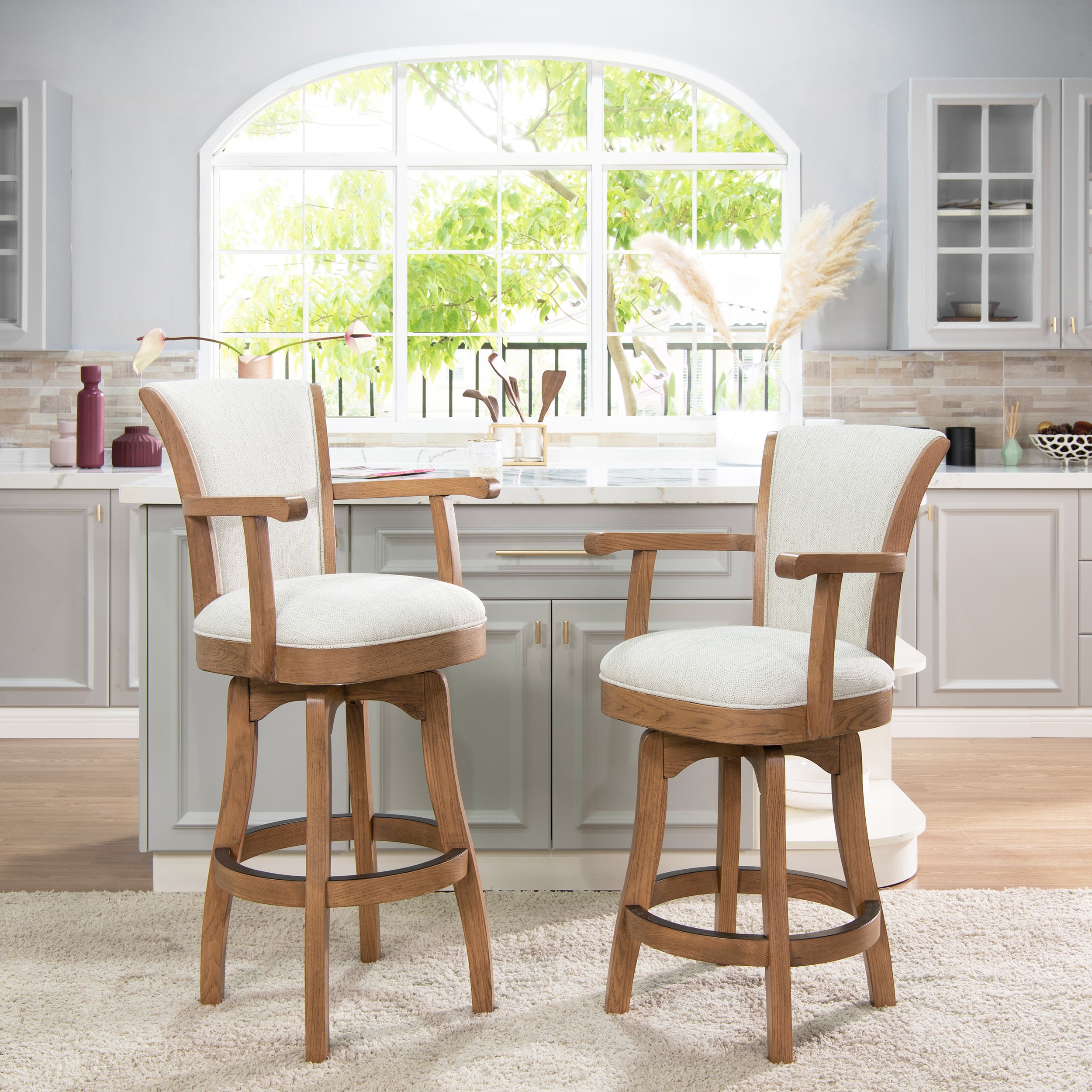 Williams 31'' White Leather Swivel Bar Stool with Oak Armrests