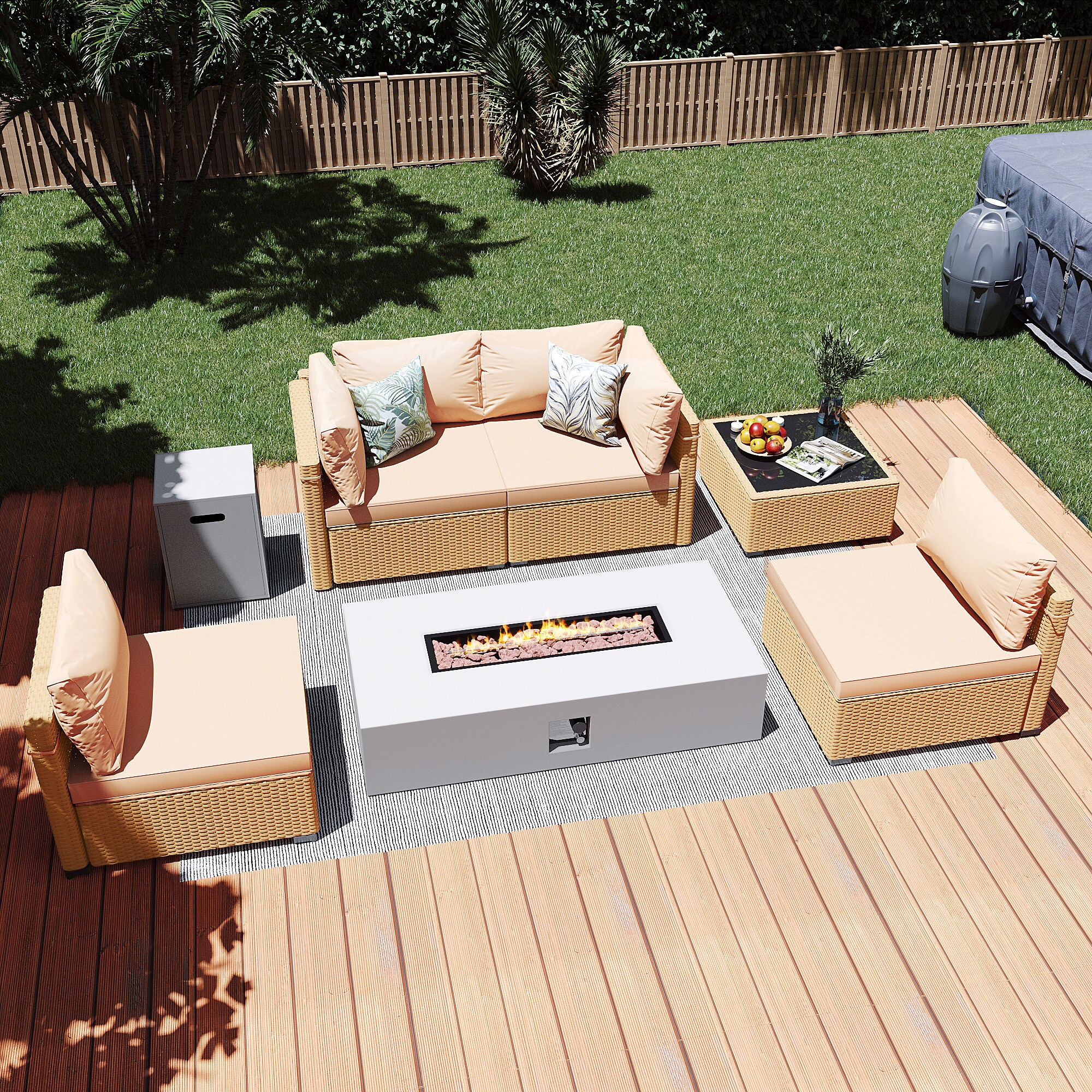 Patio Watcher LS-RT5-KD56WH-Y1 6 -Piece Rattan Patio Conversation Set with Beige Cushions